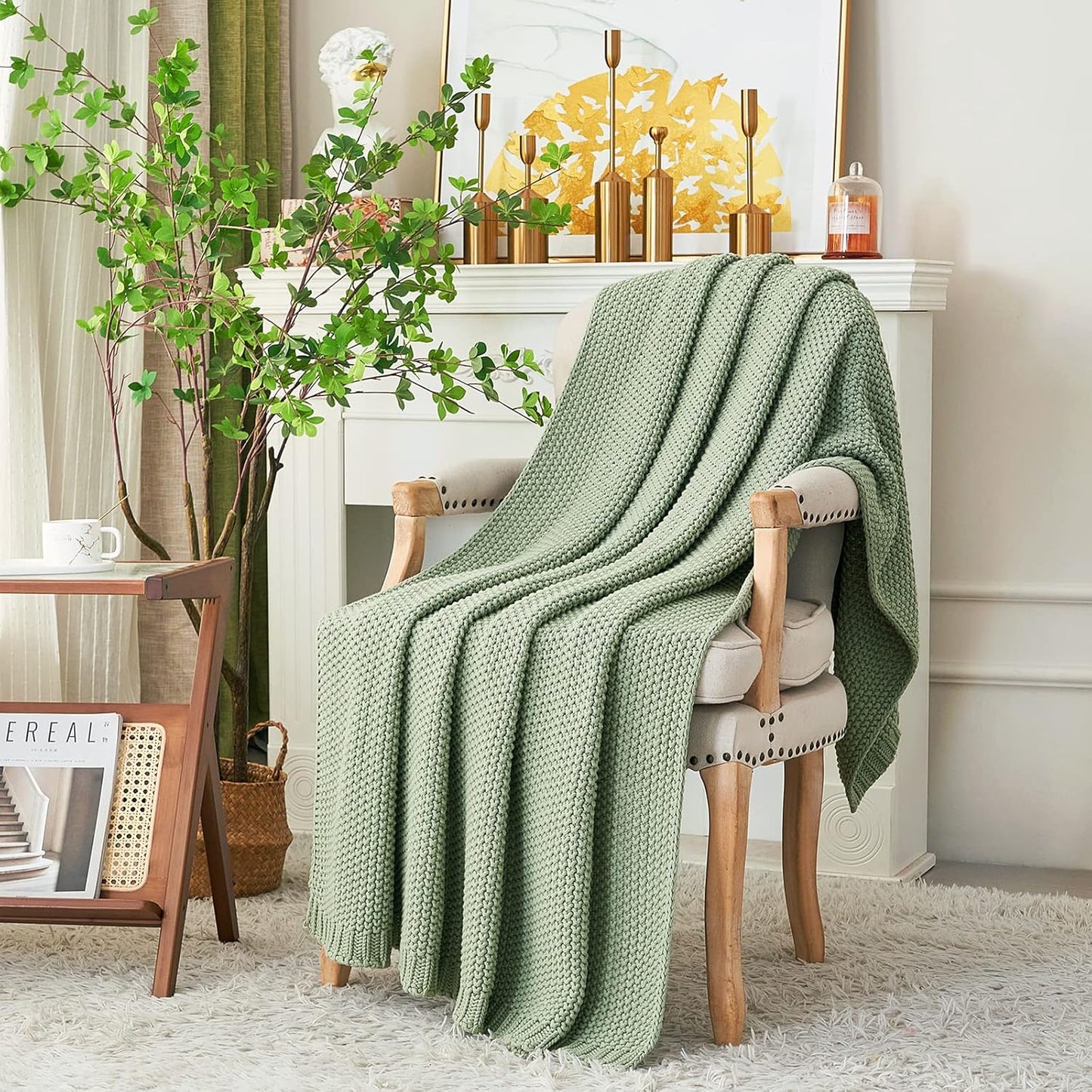 Chunky Cable Knit Throw Blanket Lightweight Light Green 100% Organic Cotton Blanket for Sofa Couch Bed Baby Nursery, Rustic Shabby Chic Modern Farmhouse, 60” x 80” Bonus Laundering Bag
