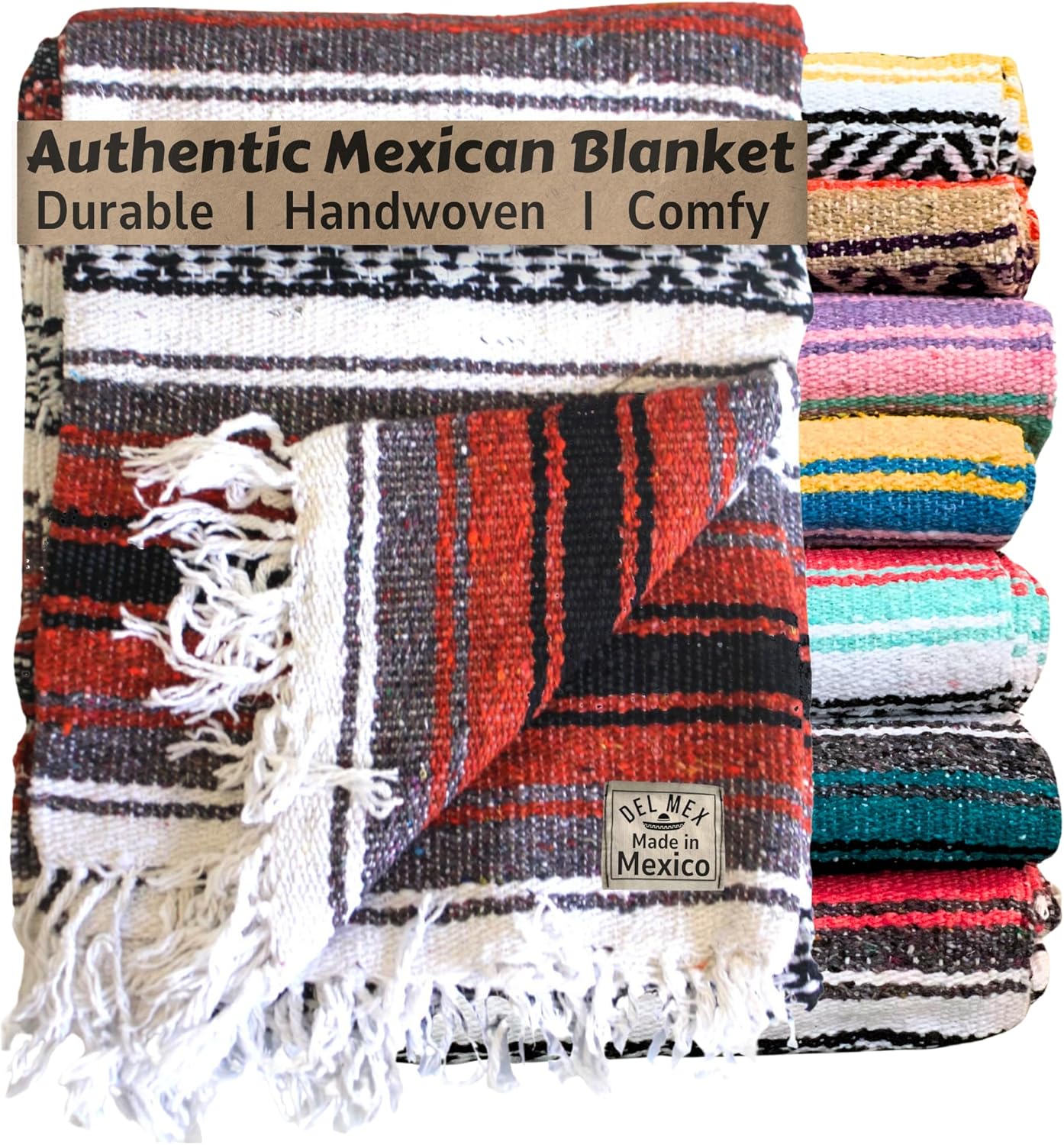 Del Mex Classic Mexican Blanket, Large Authentic Woven Falsa Throw (70"x50"), Artisan Southwest Décor for Beach, Yoga, Outdoors (Terracotta)