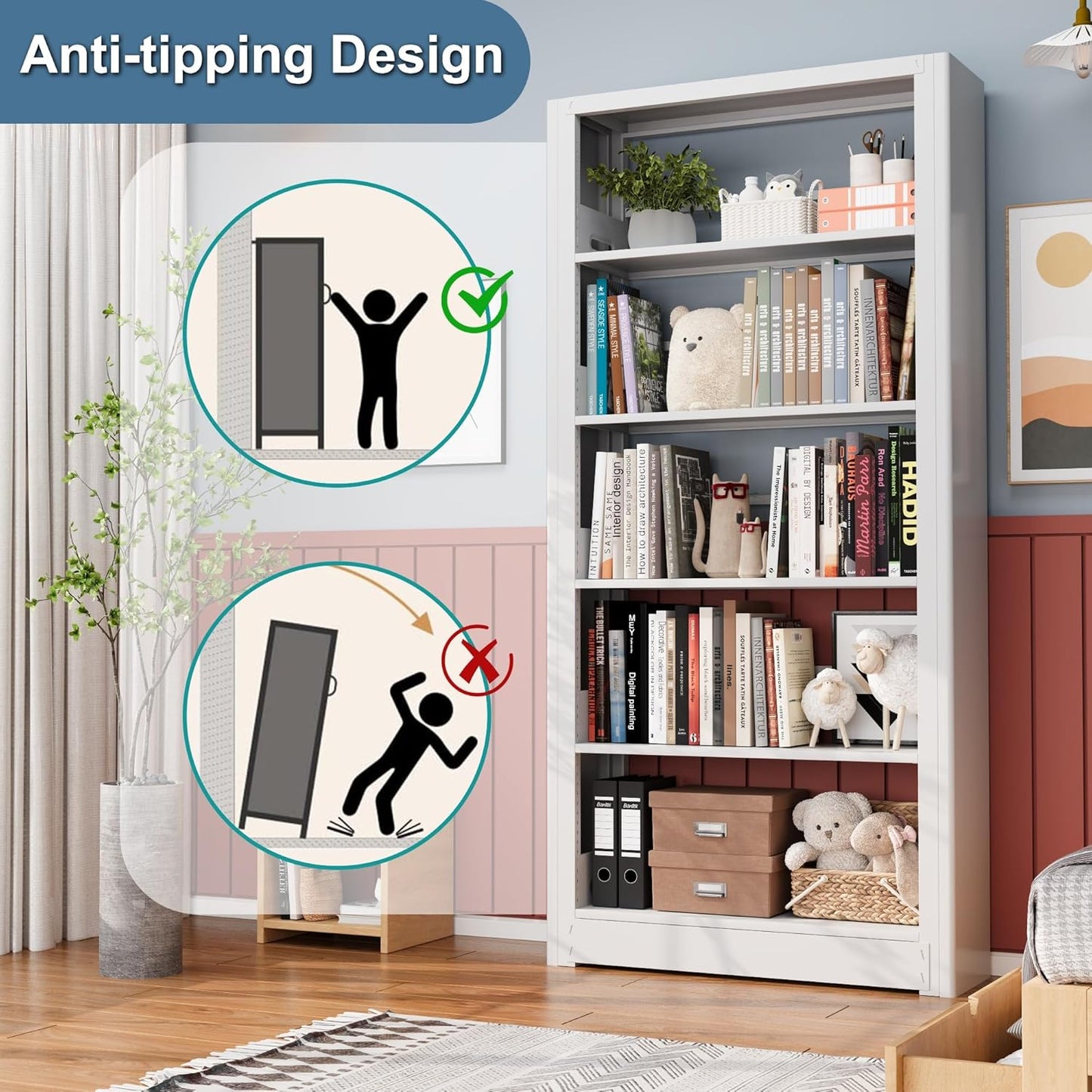 Metal Modern Bookshelf, 69”Tall Bookcase, 5-Tier Book Shelf with Adjustable Shelves, Heavy Duty Bookshelves, Modular Bookshelf for Library Shelves, Living Room, Office, Home (White)