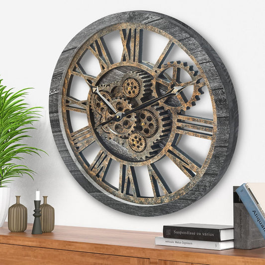 HOIBAI Wall Clock, Large Wall Clocks for Living Room Decor 18 Inch Battery Operated Silent Non-Ticking Modern Farmhouse Vintage Roman Big Wall Clock for Home Bedroom House Office, Moving Gears Clock