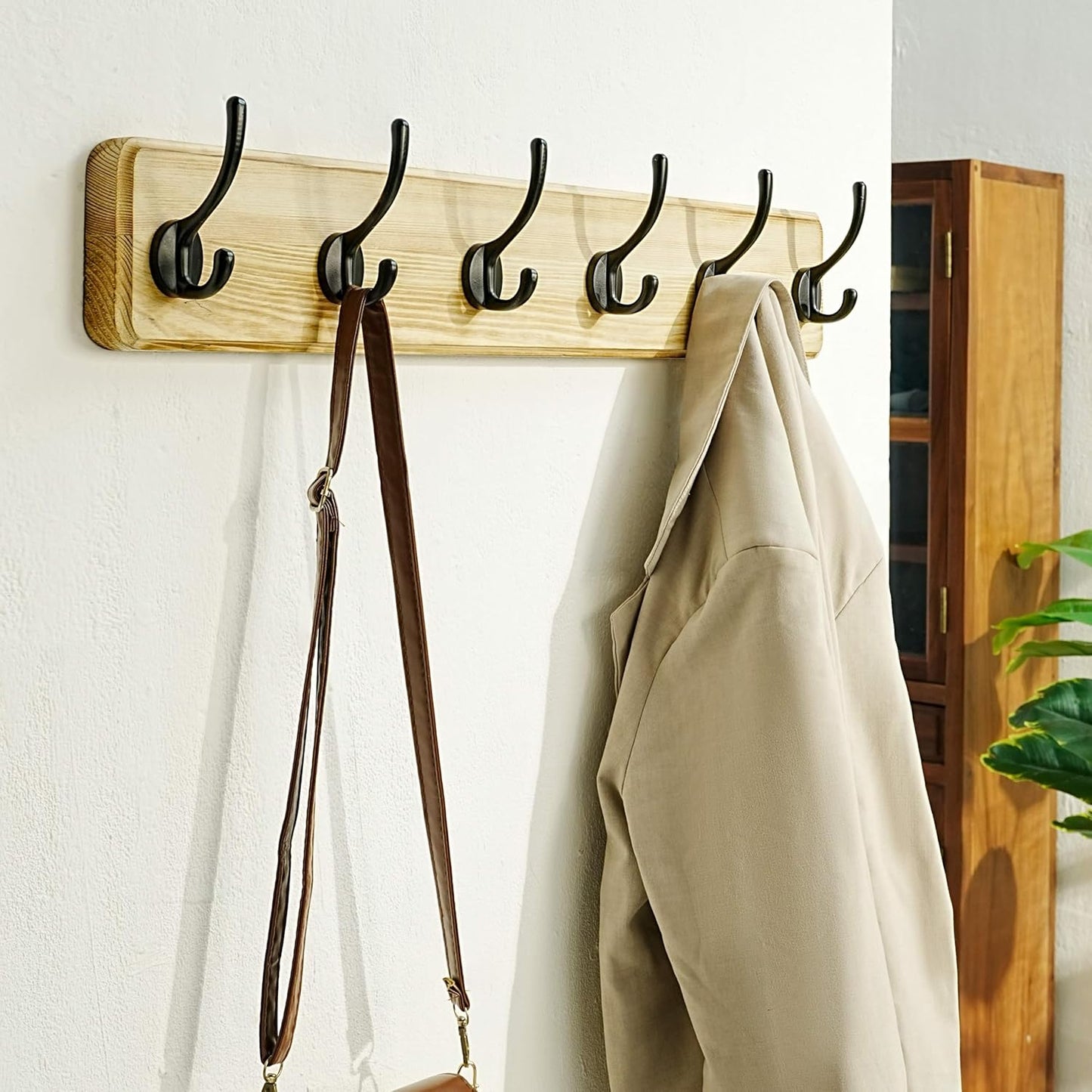 Dseap Coat Rack Wall: 24" Long, Patented, Heavy-Duty, 6-Double-Hooks Wooden Wall Mounted Coat Rack Coat Hanger Hook Rail for Winter Coats Hat Jacket Clothing, Light Brown, Pack of 2