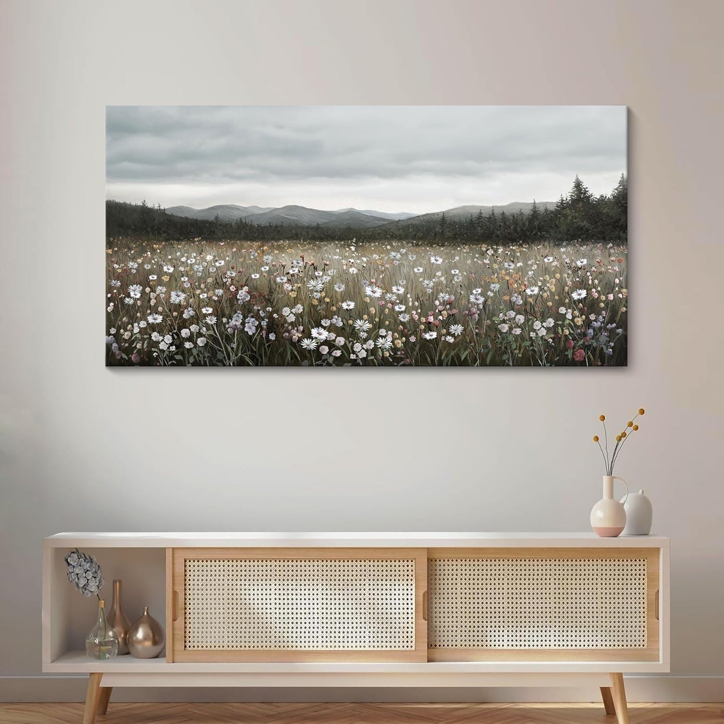 HGUAOA Vintage Landscape Wall Art for Bedroom and Living Room - Large Floral Artworks Farmhouse Wall Decor - Framed Neutral Nature Pictures - Above Bed Decor with Mountain Scenery 24×48IN