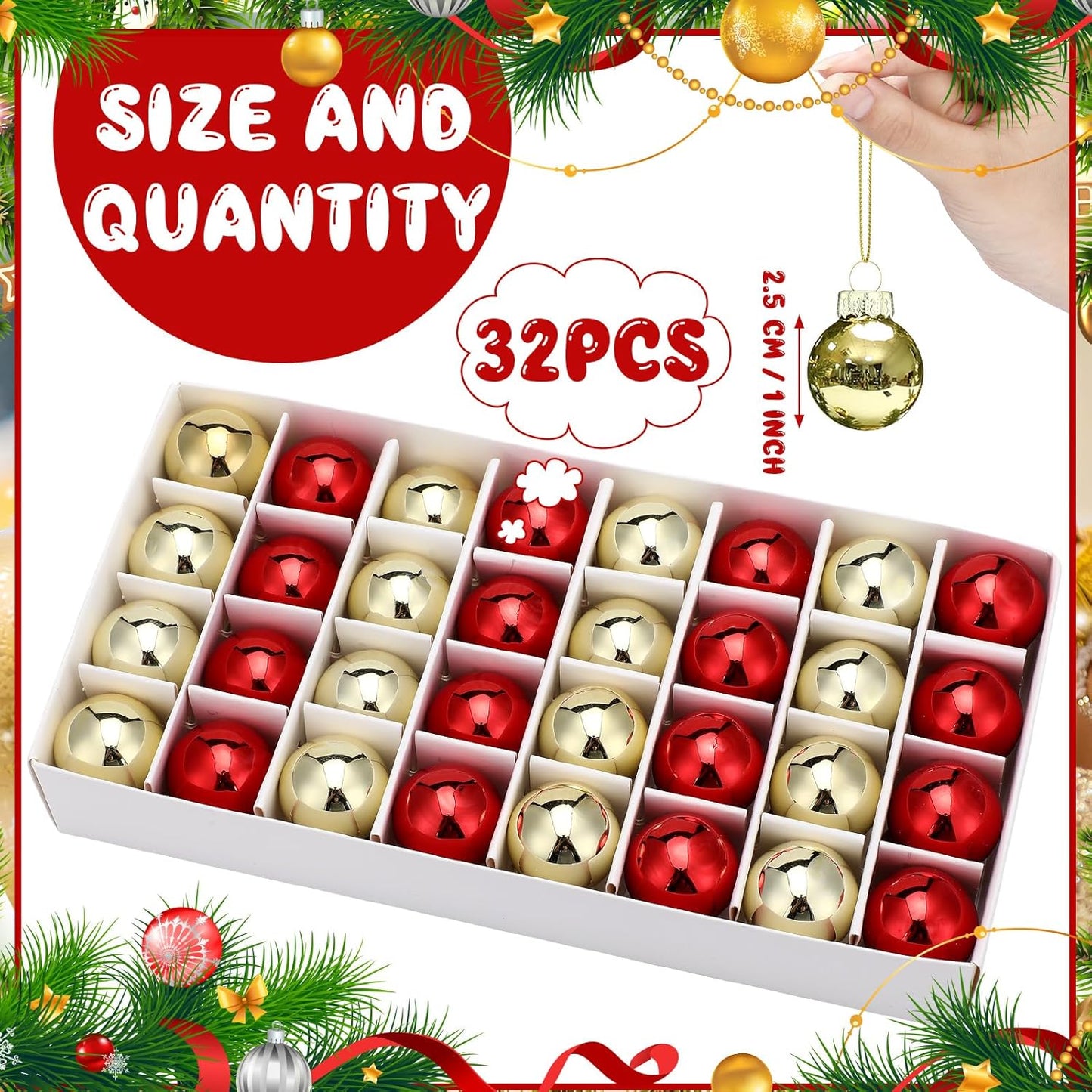 Tioncy 32 Pcs 1 Inch Mini Glass Christmas Ornaments Balls Shiny Christmas Balls Tiny Tree Hanging Decoration Small Colorful Ball Pendant for Xmas Party Supplies(Red, Gold)