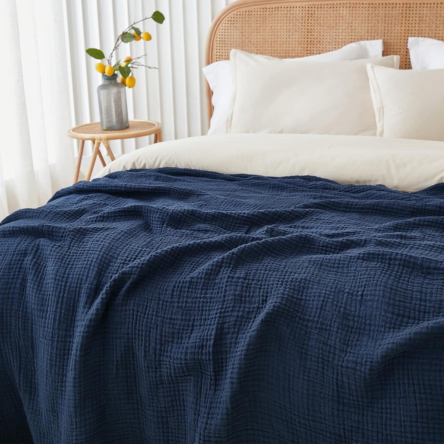 EMME Cotton Blanket Twin XL for Bed Soft Muslin Blankets 66"x90" Lightweight Breathable Layering Bedspread Coverlet All Season Gauze, Navy