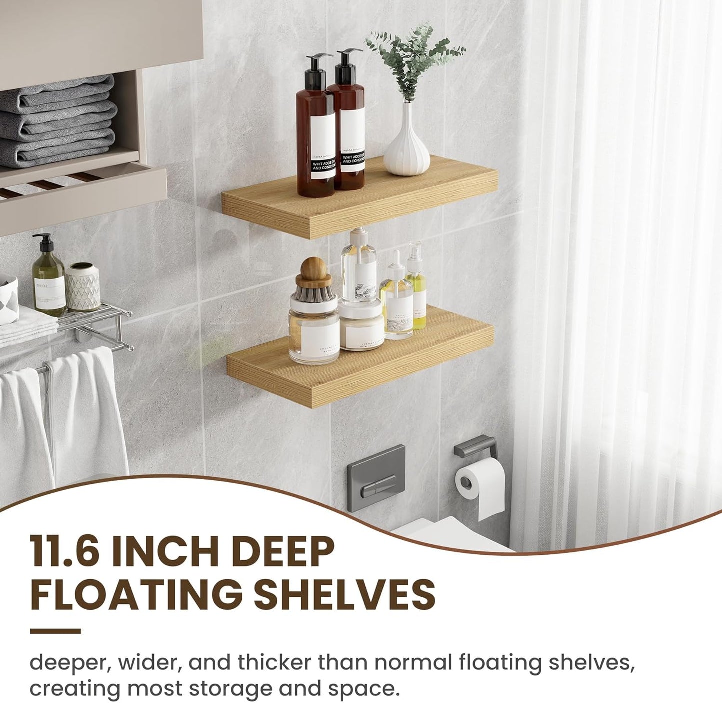 24 Inch Floating Shelves, 12 Inch Deep Floating Shelves for Wall, Floating Shelf with Invisible Brackets, Deep Shelves for Bathroom, Bedroom, Living Room, 2 Pack, Natural