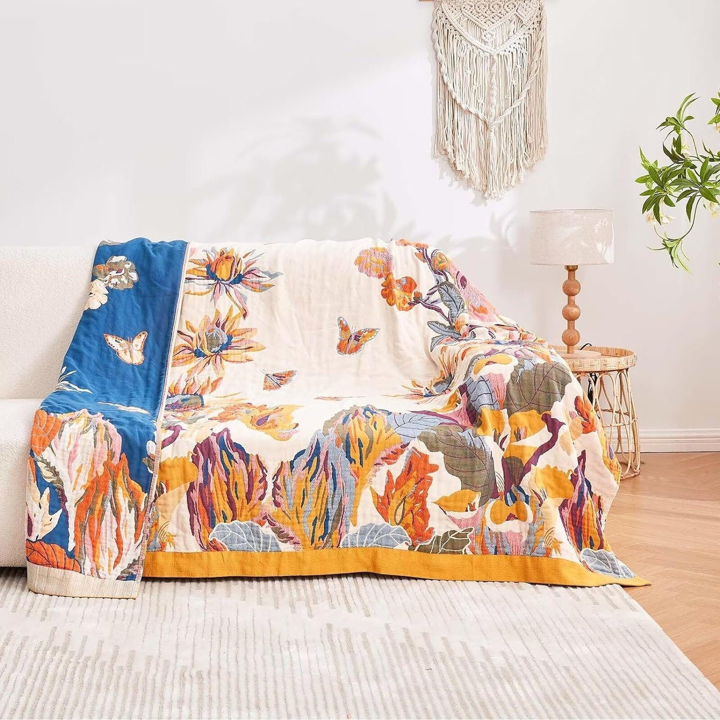 Boho Throw Blanket, 100% Cotton Ultra Soft Luxury Throw Rustic Quilt, 60"x80" Floral Bird Butterfly Farmhouse Decor Bed Blankets, All Season Rustic Reversible Bohemian Throw for Bed - Yellow