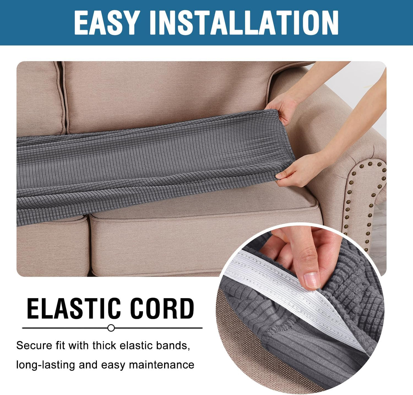 H.VERSAILTEX Super Stretch Individual Seat Cushion Covers Sofa Covers Couch Cushion Covers Slipcover Sets Thick Jacquard Textured Twill Fabric (1 Piece Loveseat Cushion Cover, Grey)