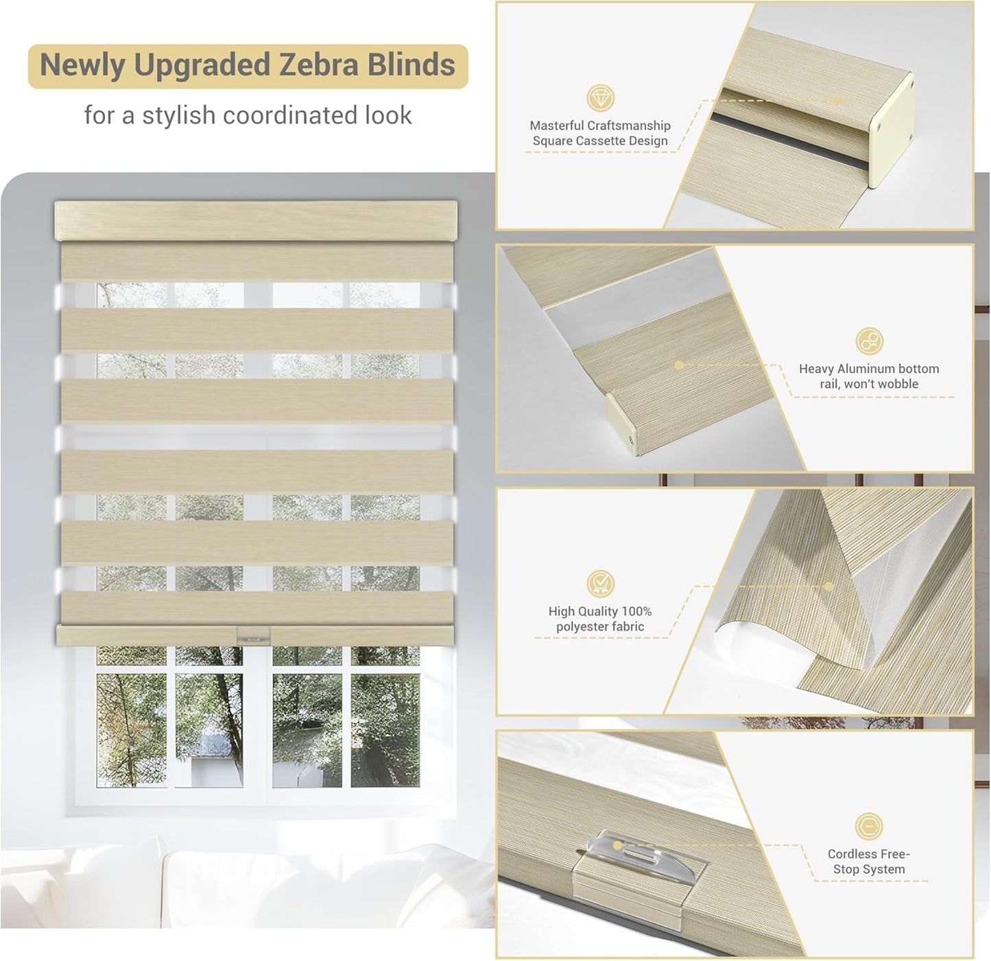 Cordless Zebra Blinds for Windows, Blackout Interior Blinds,Easy to Install,UV Protection,for Offices and Home,Custom Roller Shades, Mousse Beige,87" W x 48" H