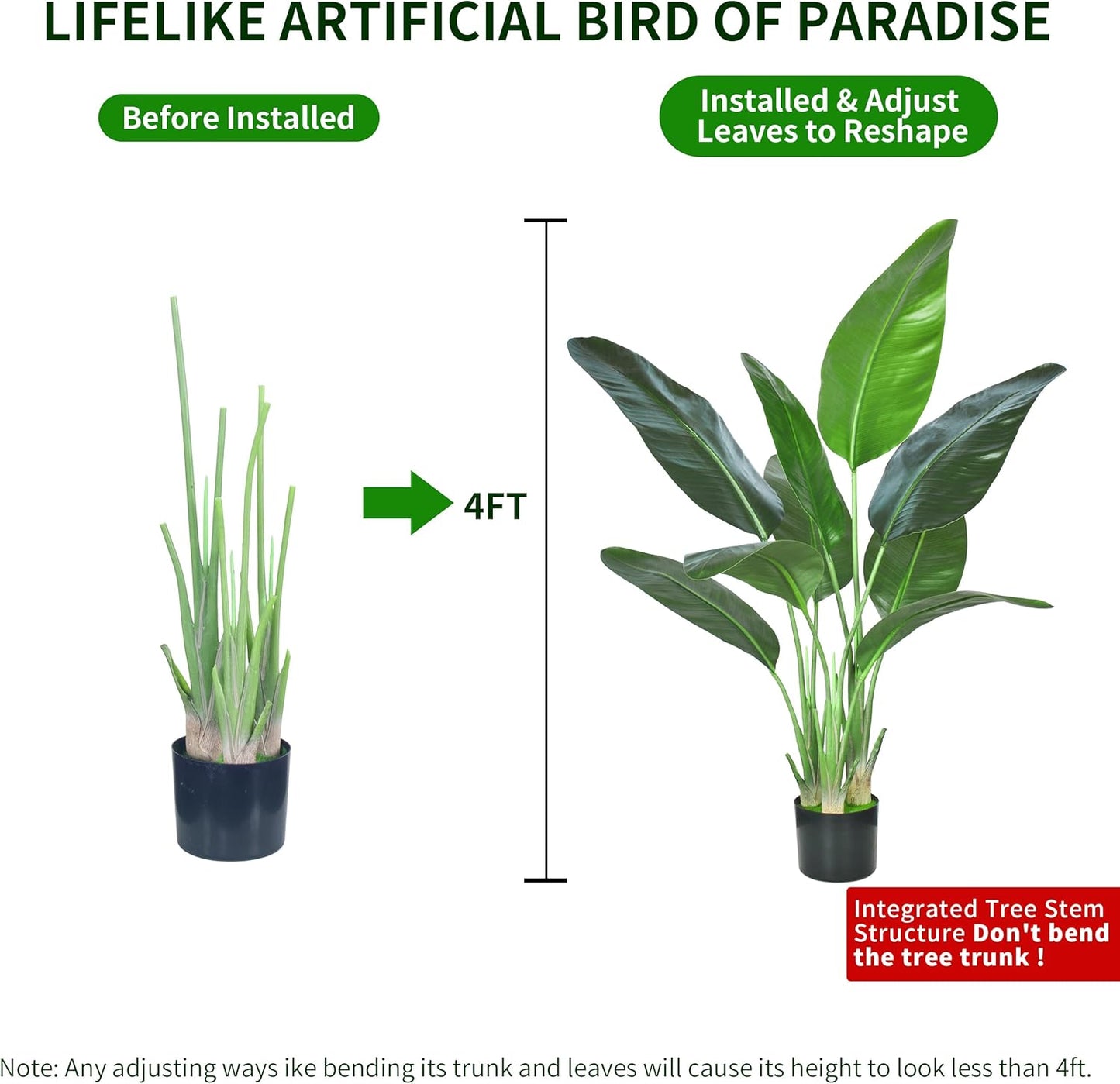 2Packs 4FT Artificial Bird of Paradise Plant,Faux Palm Tree Potted Plant with Real Touch Leaves,Fake Trees for Home Living Room Office Indoor Outdoor Decor(4 FT-2Packs)