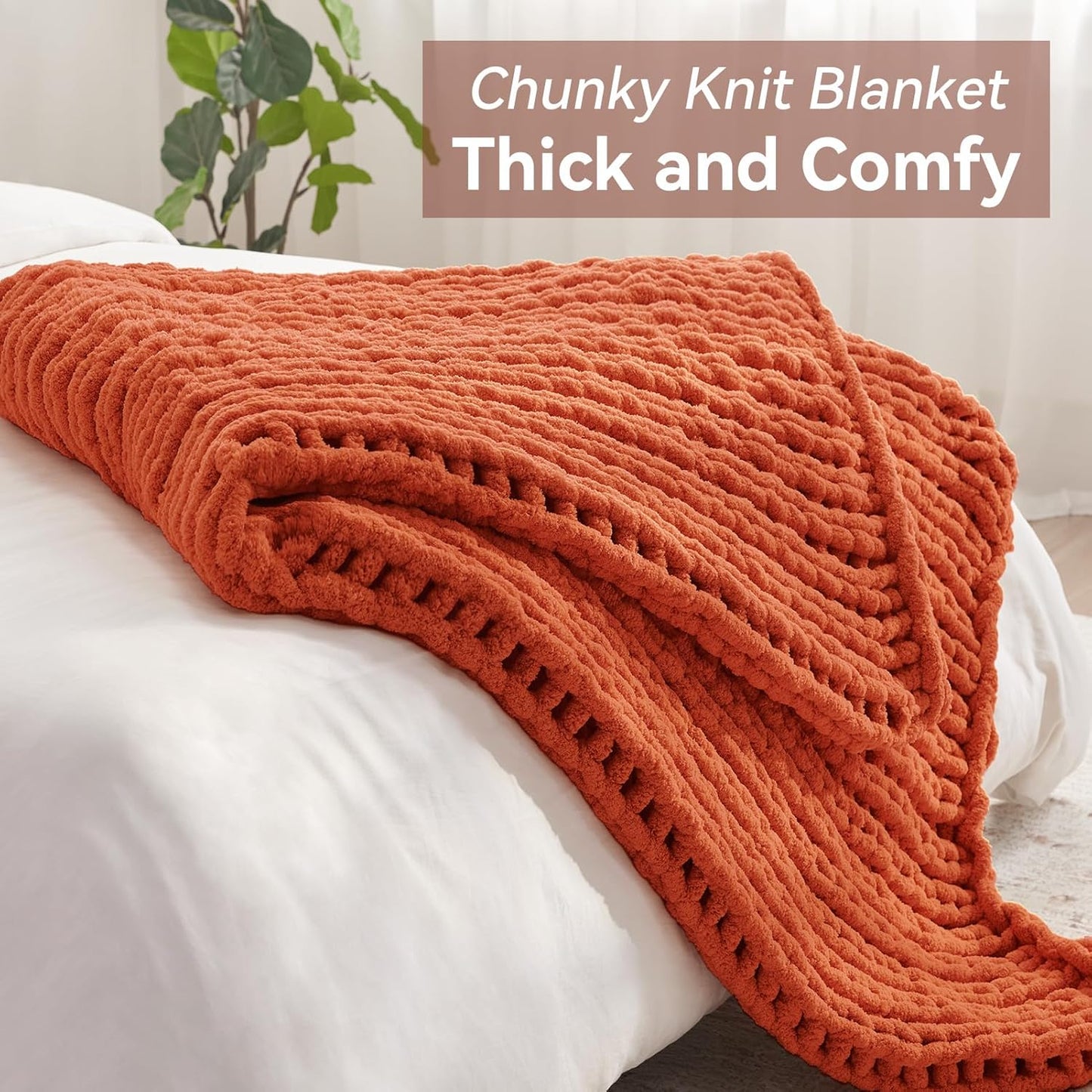 Chunky Knit Throw Blanket, 60''*80'' Fall Throw Blanket Knitted Chenille Yarn for Bed Couch, Handmade Orange Crochet Big Thick Blanket, Machine Washable Cute Comfy Blankets for Home Decor