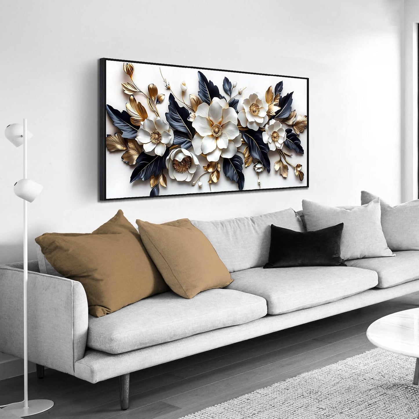 White Flower Wall Decor for Living Room - Modern Blue White and Gold Wall Art Bedroom - Black Framed Wall Art Size 24" x 48"