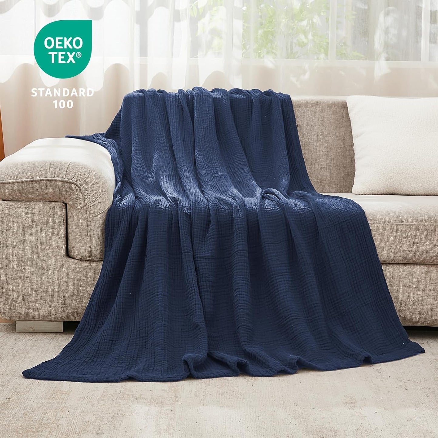 EMME Cotton Blanket Twin XL for Bed Soft Muslin Blankets 66"x90" Lightweight Breathable Layering Bedspread Coverlet All Season Gauze, Navy