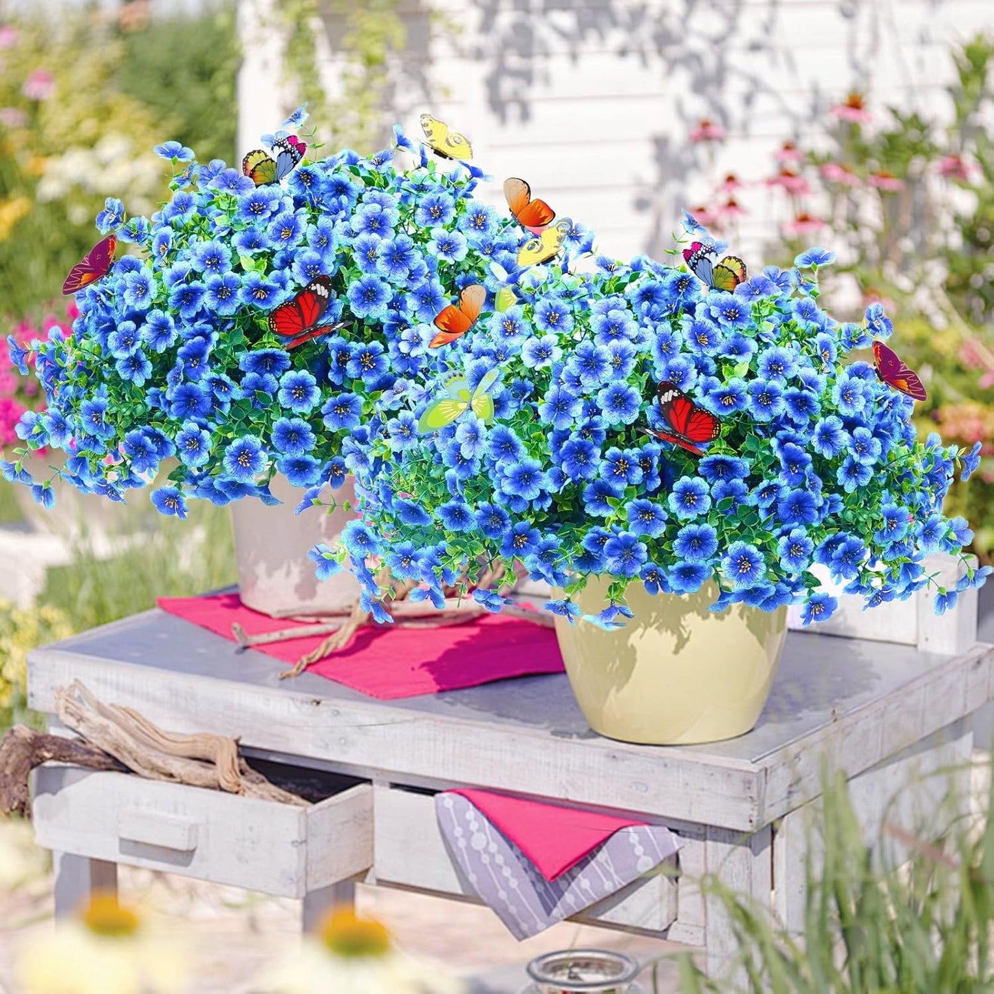 ‌20 Bundles Artificial Flowers for Outdoors‌ with 6 Faux Butterflies, UV Resistant ‌Fake Flowers‌ with Eucalyptus Leaves, ‌Artificial Plants Outdoor‌ for Patio Garden Porch Home Decor (Blue)