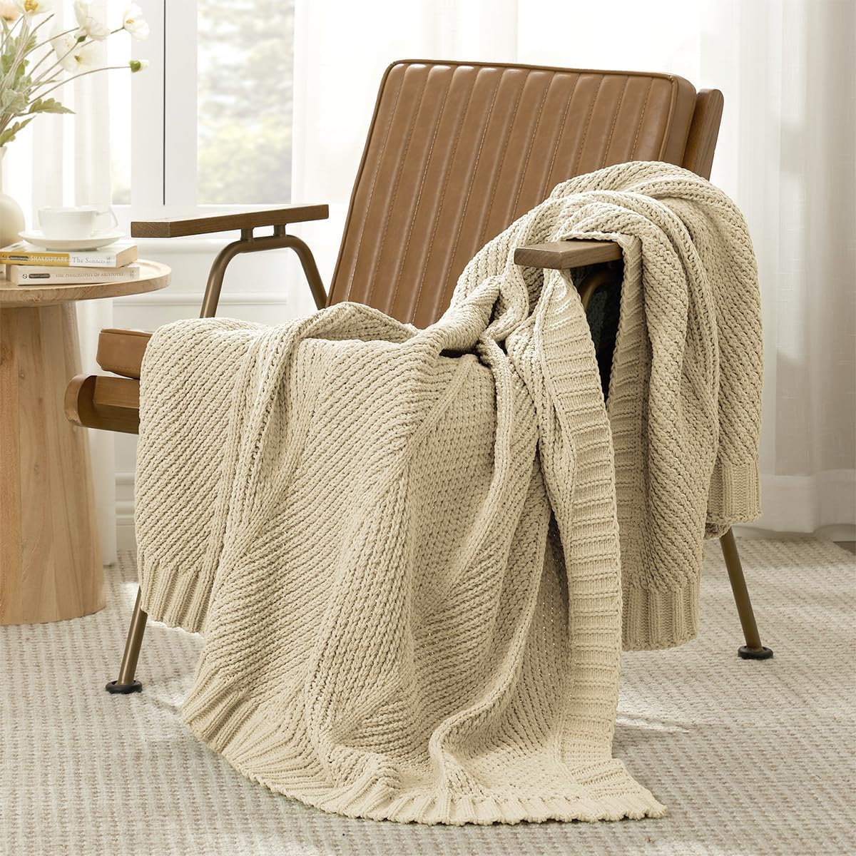Amélie Home Chenille Knit Throw Blanket for Couch, Chevron Texture Decorative Soft Blanket for Sofa, Bed & Chair, 60"x80", Beige