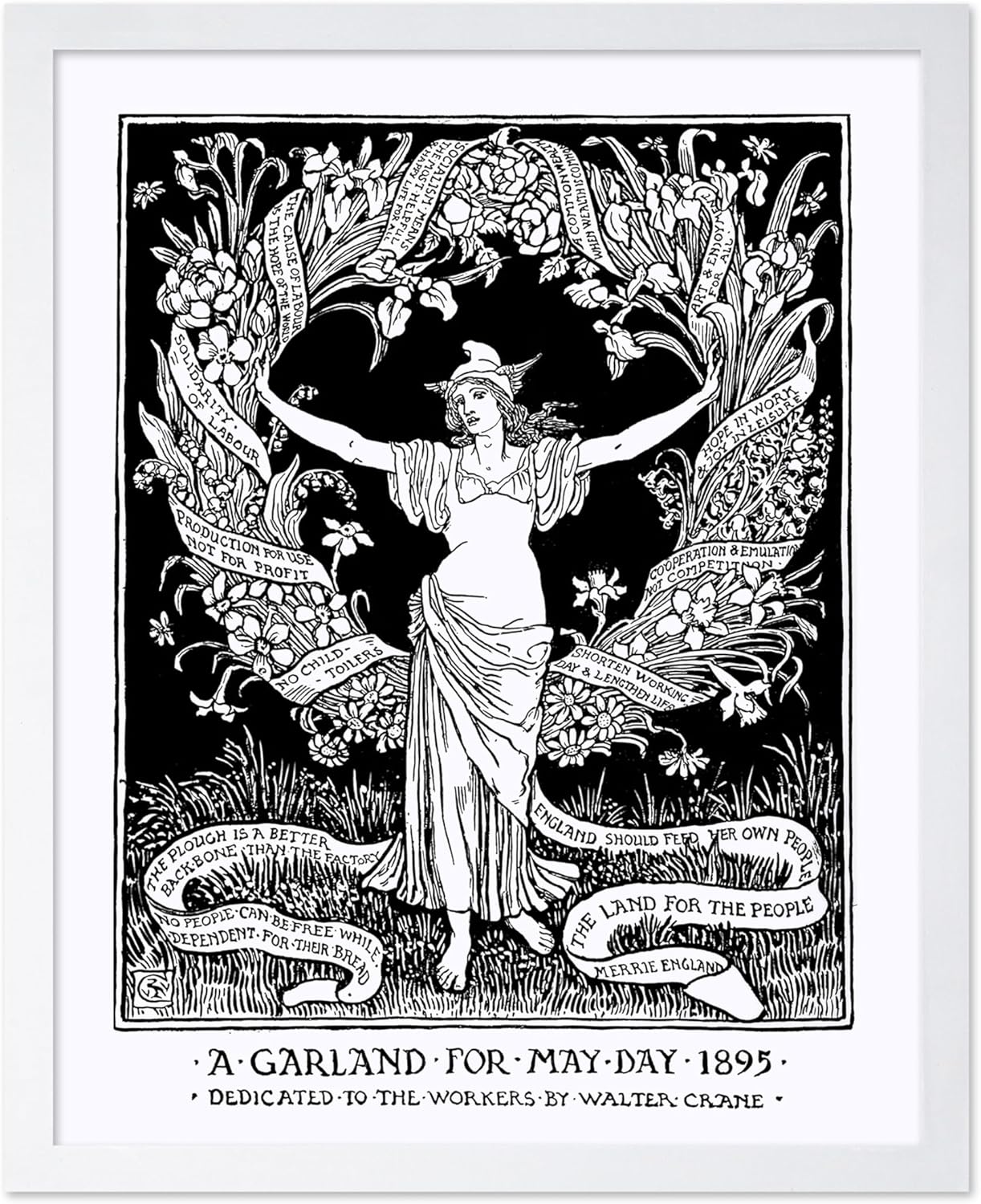 Poster Master Vintage Walter Crane Poster - Retro A Garland for May Day Print - Socialist Art - Gift for Him, Her, Men, Women - Wall Decor for Home, Office, Living Room, 16x20 White Framed