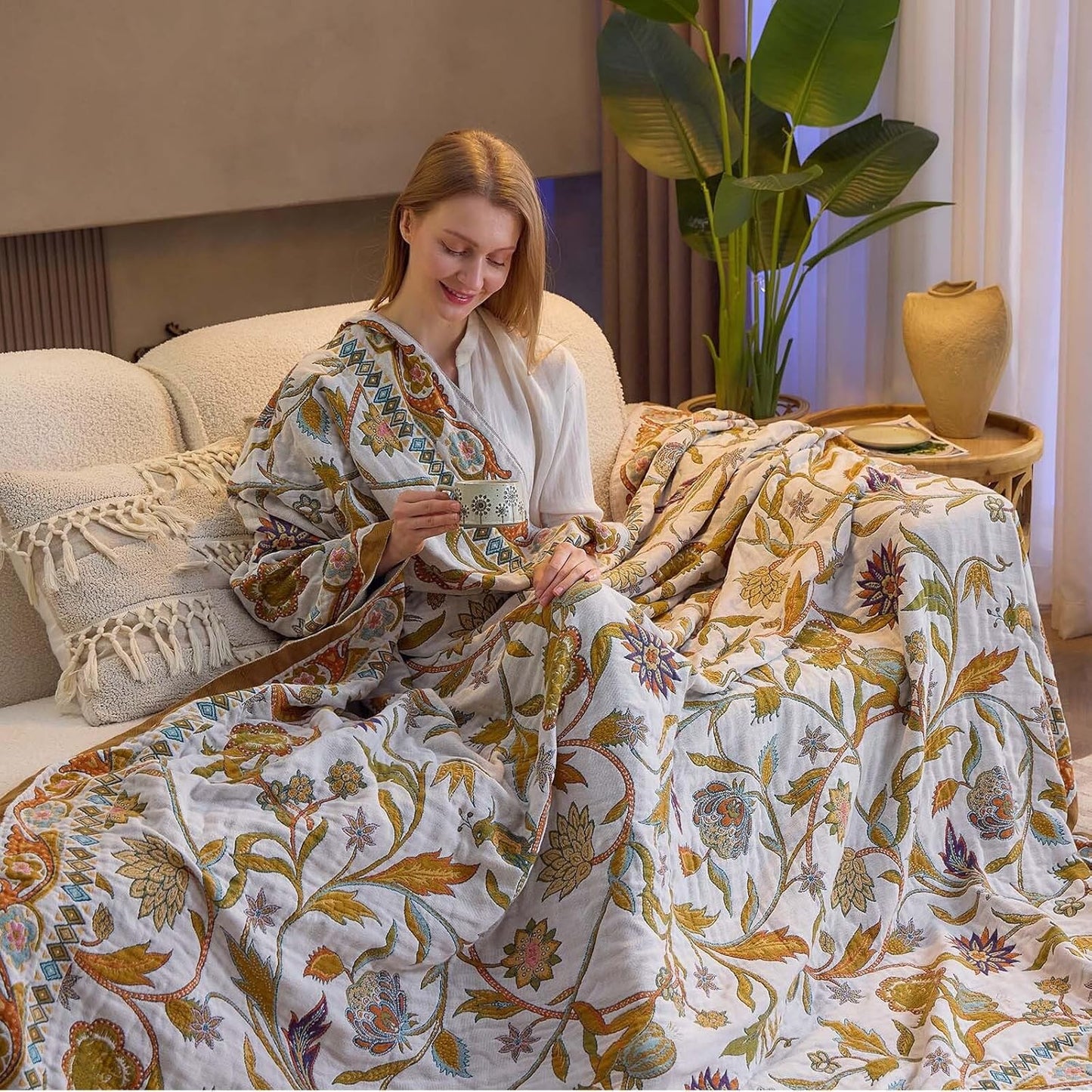 Fall Throw Blanket for Couch, Brown Boho Decorative Throw Blanket, 100% Cotton Muslin Breathable Woven Farmhouse Blankets Quilt, 60"x80" Reversible Lightweight Blankets Bohemian Throw Quilt