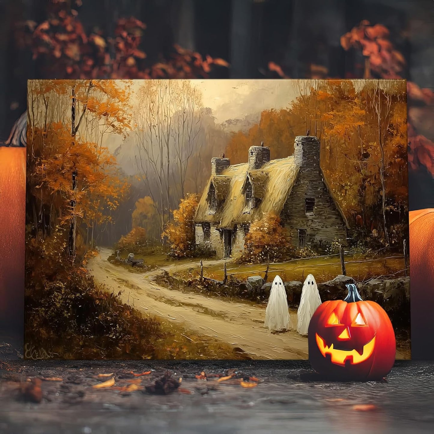 Laoife Halloween Canvas Wall Art, Vintage Spooky Farmhouse Autumn Rustic Landscape Wall Decoration, Ghost on Rural Roads for Living Room Bedroom Home Decor (Ghost 2)
