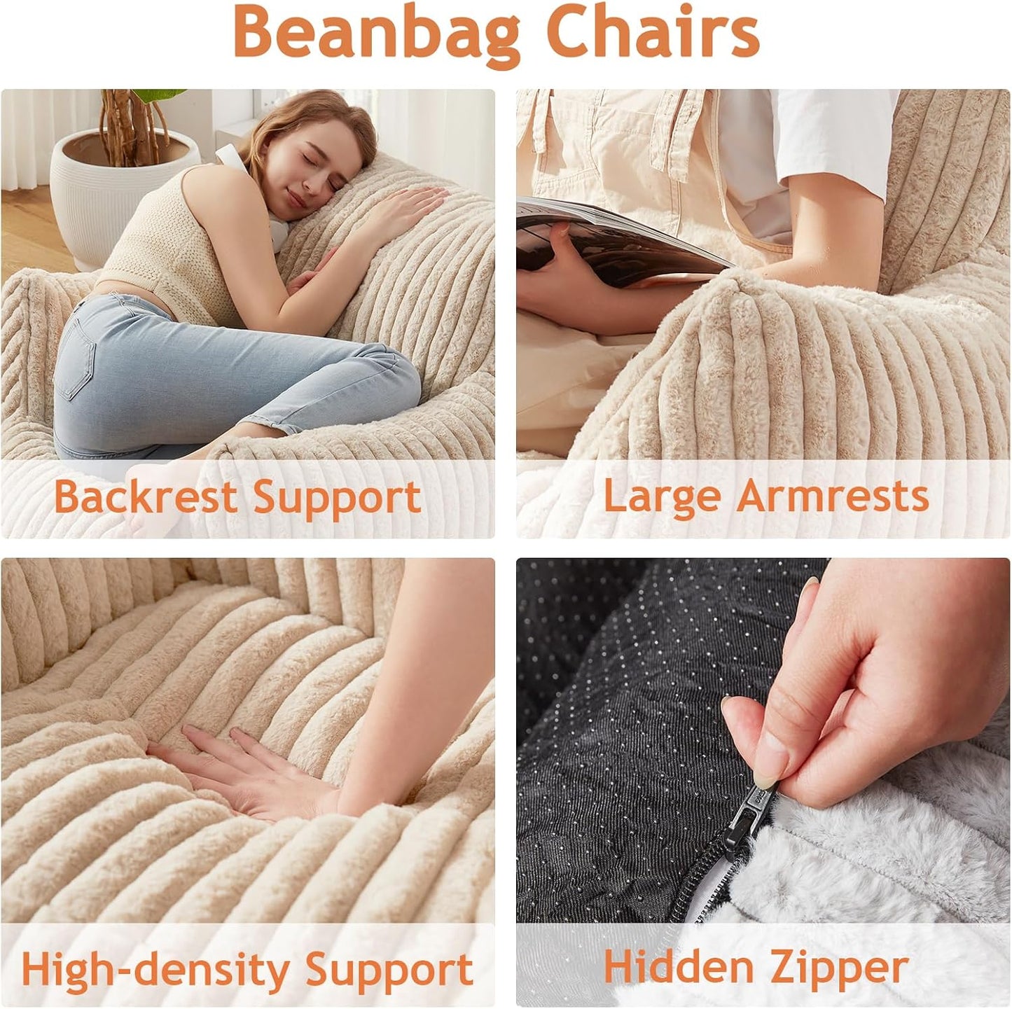 Giant Bean Bag Chairs for Adults with Filling Plush Fluffy Bean Bag Chairs for Teens with Armrests Comfy BeanBag Lazy Couch Sofa Chair for Bedroom Living Room Reading
