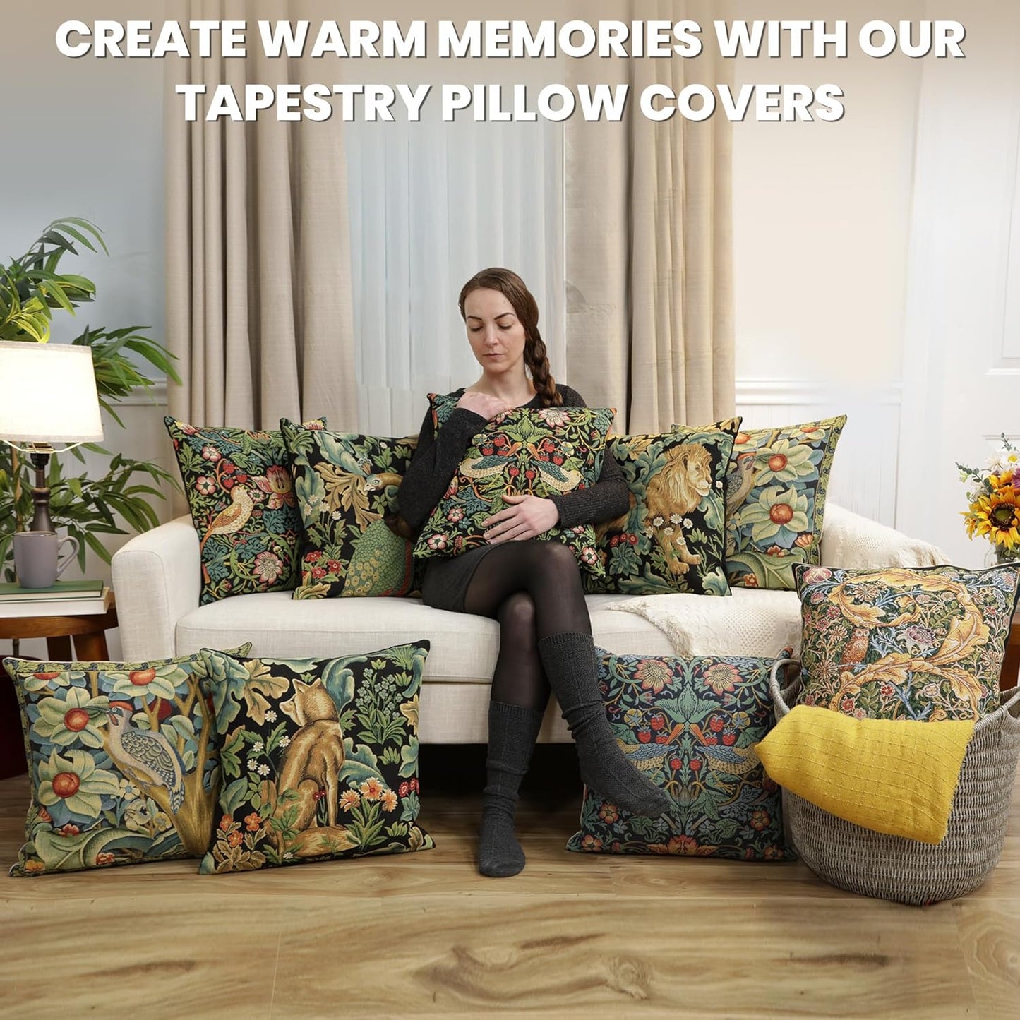 Charlotte Home Furnishings Throw Pillow Covers, Decorative Boho Pillow Covers for Couch, Living Room, Blue Strawberry Square Cushion Cases 18x18 in, European Cotton Jacquard Woven, Cozy Bedroom Decor