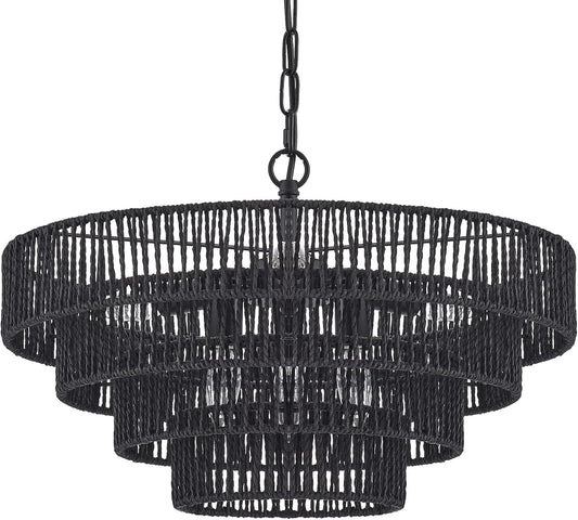 20” Hand-Woven Rattan Chandelier 6-Lights Transitional Minimalist 4 Round Boho Large Pendant Light for Kitchen Island Dining Room Living Room Hallway, Matte Black, UL Listed