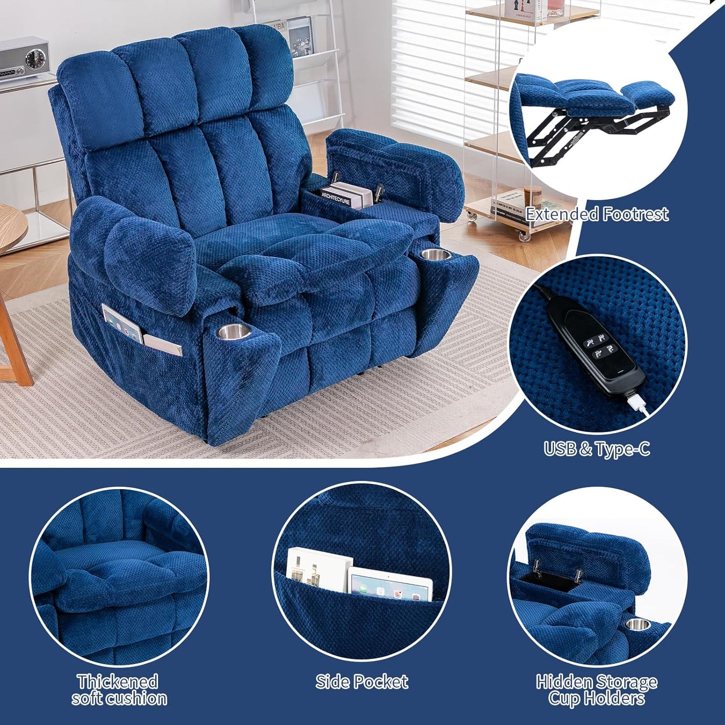 Dual Motor Power Lift Recliner Chair with Adjustable Headrest, Extended Footrest for Elderly,Oversized Recliner with Massage and Heat,USB Port,Type C,Cup Holders,Hidden Storage Box,Navy Blue
