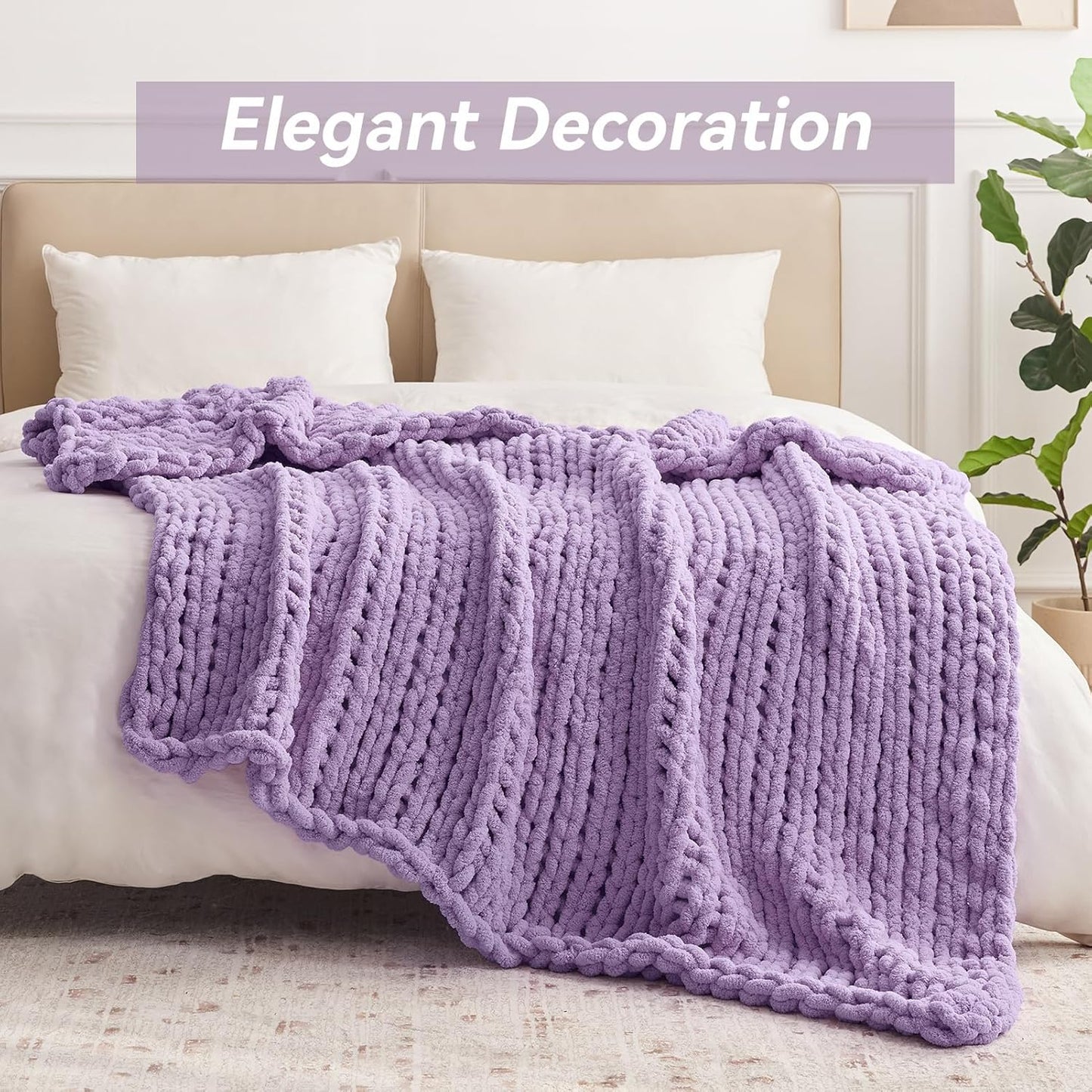 Chunky Knit Throw Blanket, 40''*50'' Knitted Throw Chenille Yarn for Bed Couch, Handmade Light Purple Crochet Big Thick Blanket, Machine Washable Cute Comfy Blanket for Home Decor