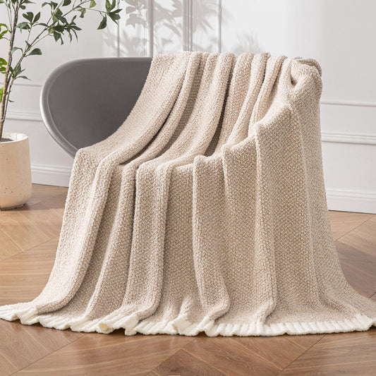 MIULEE Beige Super Soft Throw Blanket for Couch, Cozy Fluffy Warm Throws Knit Blankets for Sofa, Bed, Chair, Living Room, Camping, Picnic, 50 x 60 inch