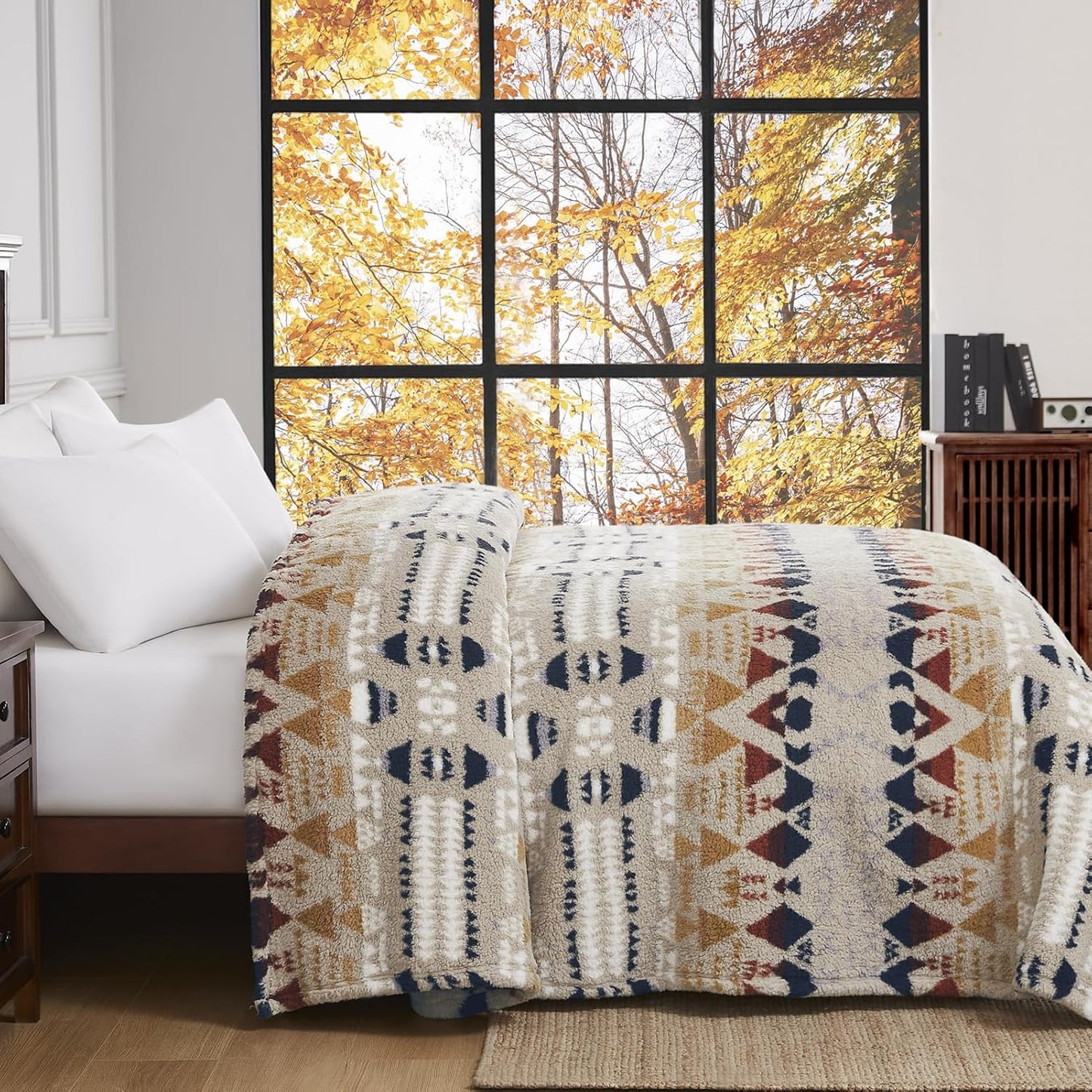 CASAAGUSTO Boho Sherpa Throw Blanket, Aztec Queen Blanket, Ultra Soft, Warm, Cozy, Plush, Thick Fleece Bohemian Throw Blanket for Couch, Bed, Sofa (Khaki 90 * 90 Inch)