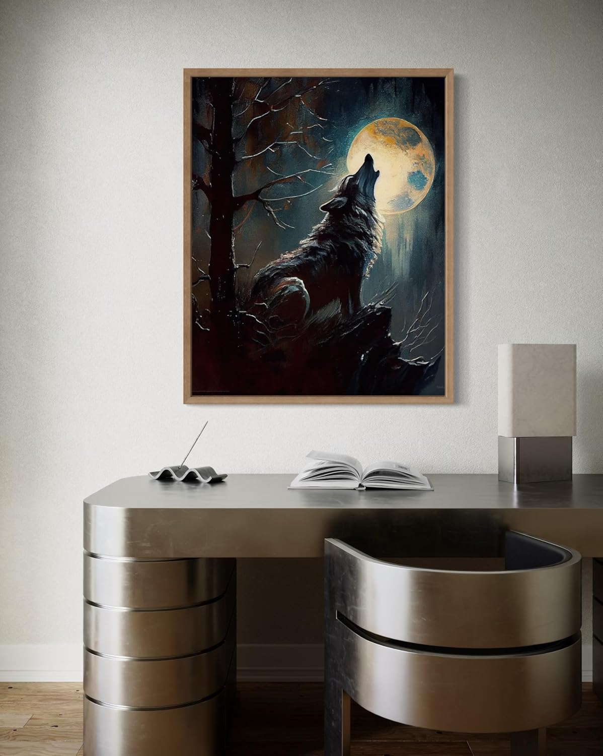 Wolf howling Poster Art Print, Halloween Scary Vintage Wall Art Academia Spooky Painting Decoration for Horror Prints, Gothic Posters Bedroom Decor 89 (Wolf howling, 8 x 10 inches, Wood Frame)