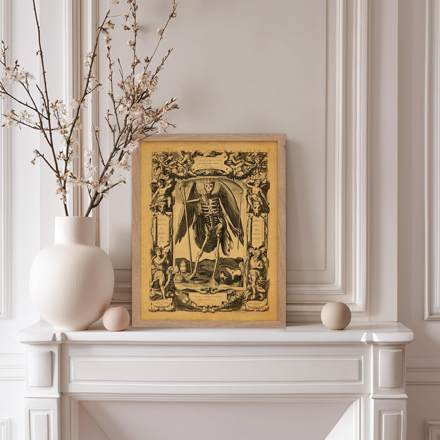 Poster Master Vintage Medieval Poster - Retro Gothic Print - Gift for Artist, Friend - Angel of Death, Memento Mori, Life, Skeleton, Dark - Wall Decor for Home, Living Room, 11x14 Beige Framed