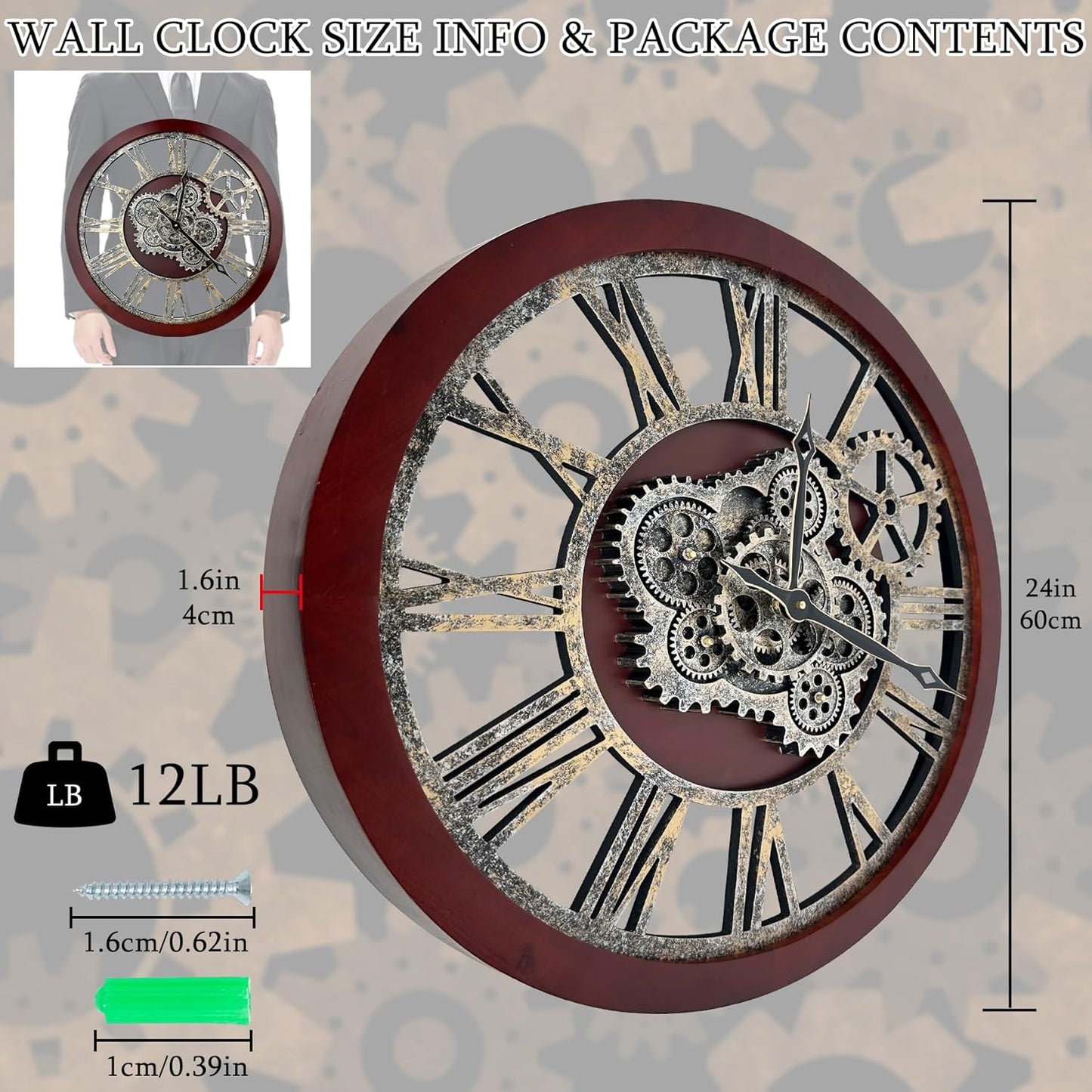 HOIBAI Farmhouse Vintage Industrial Oversized Wall Clock - 24 in (60cm) Moving Gear Wall Clock for Living Room Decor