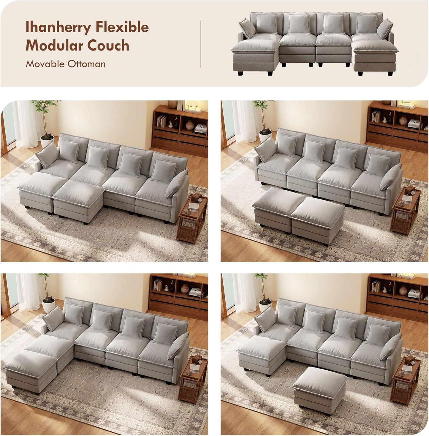 Ihanherry 106" L Shaped Modular Sectional Cloud Sofa, Modern 6 Seat Chenille Couch with Ottoman for Living Room, Bedroom and Apartment, Grey