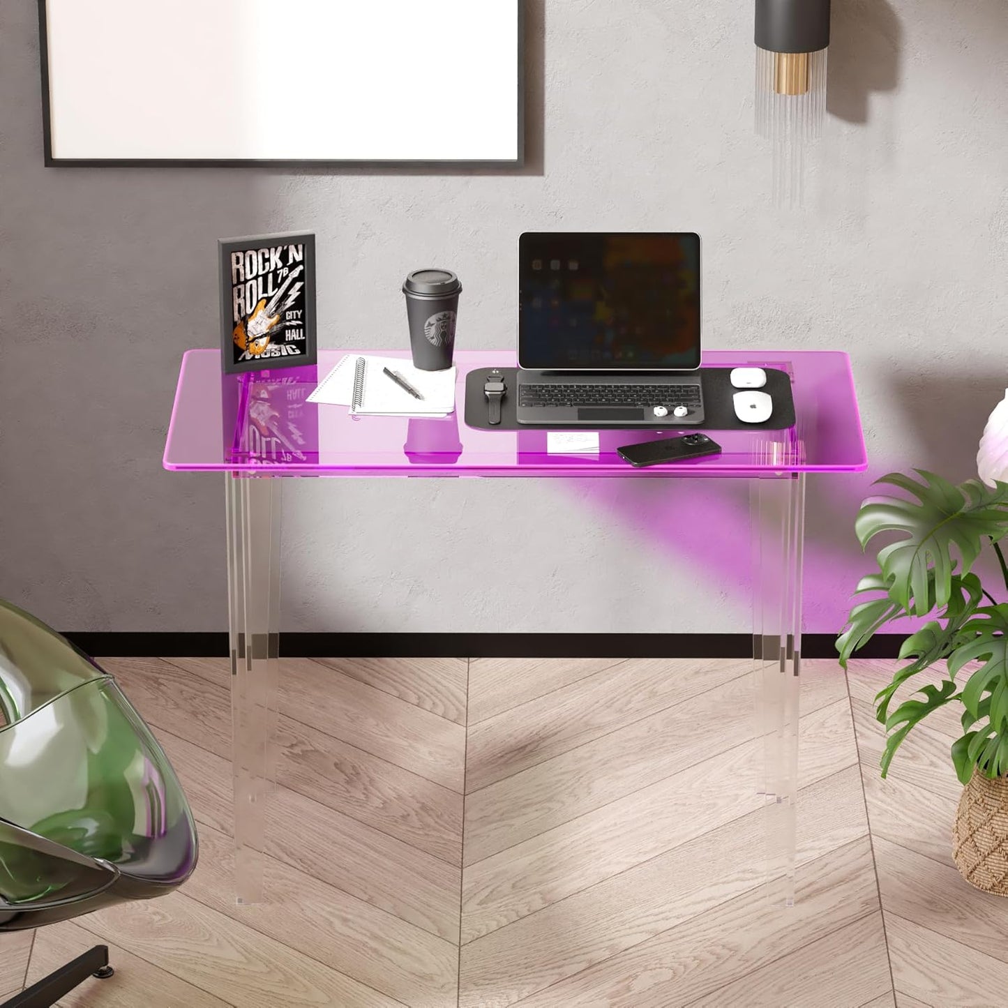 Acrylic Desk, Modern Study Table for HomeOffice-Extended Surface Multi-Purpose Console & EntrywayTable, Sturdy Lightweight Design（(42.5-inch, Pink)