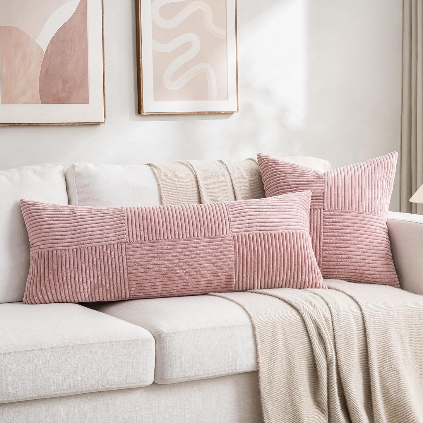 Fancy Homi 2 Packs Blush Pink Decorative Throw Pillow Covers 20x20 Inch for Living Room Couch Bed, Rustic Farmhouse Boho Home Decor, Soft Corss Corduroy Patchwork Accent Square Cushion Case 50x50 cm