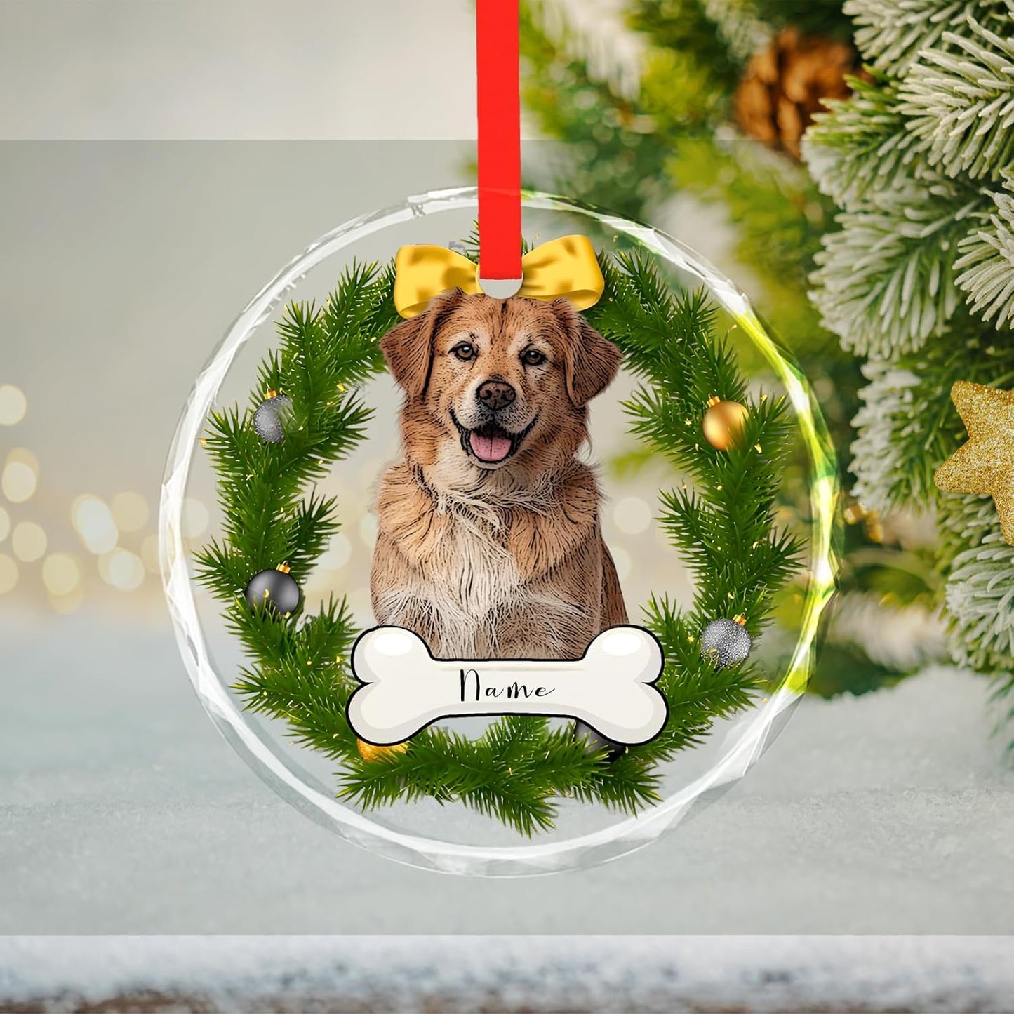 Personalized Christmas Ornaments, Custom Glass Ornament with Photo,Customized Christmas Tree Decor Gifts for Pet, Wreath Bone