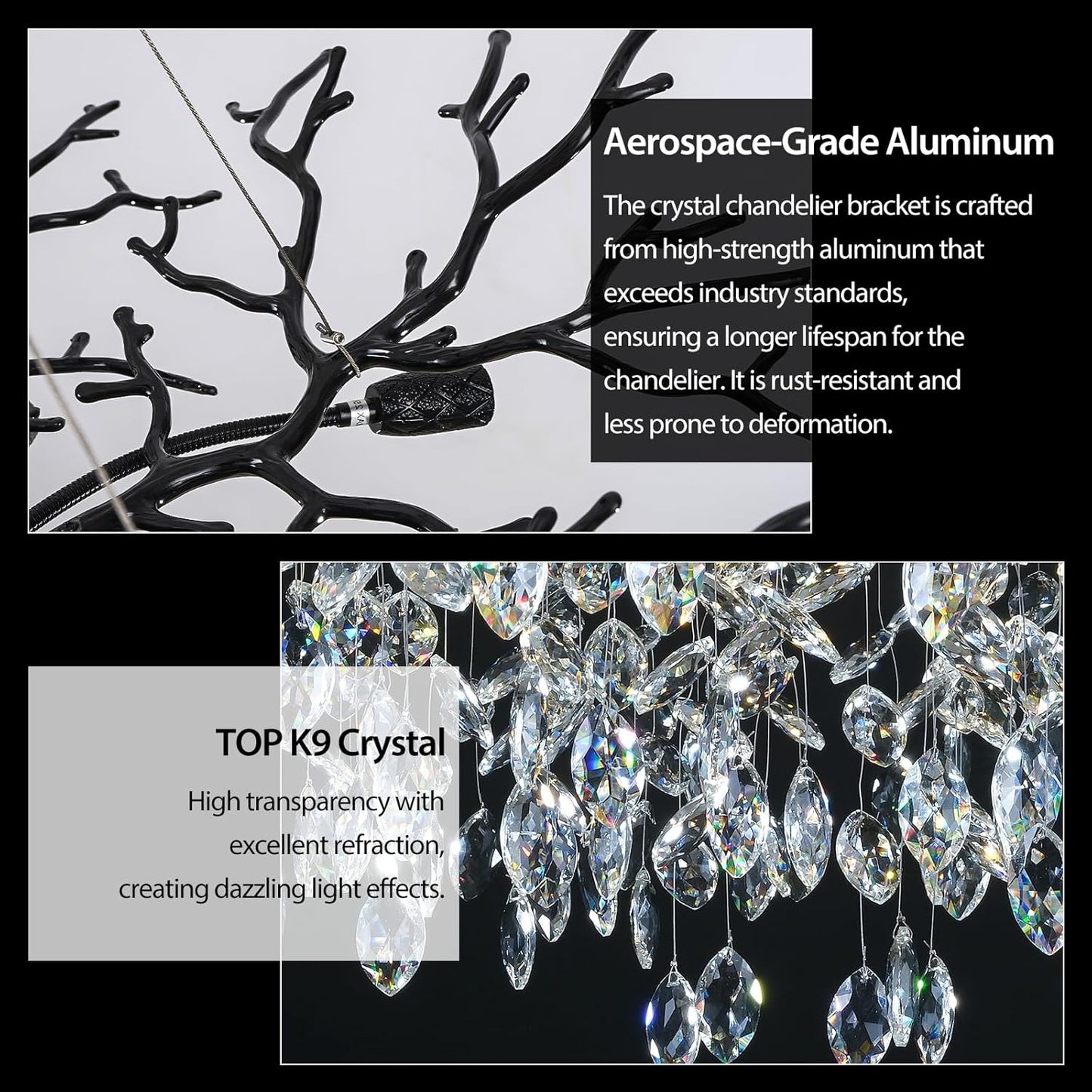 Modern Black Crystal Tree Branch Chandelier, 10-Light 30" Black K9 Crystal Chandeliers for Dining Room, Round Chandelier for Living Room,High Ceiling,Kitchen Island,Foyer,Staircase