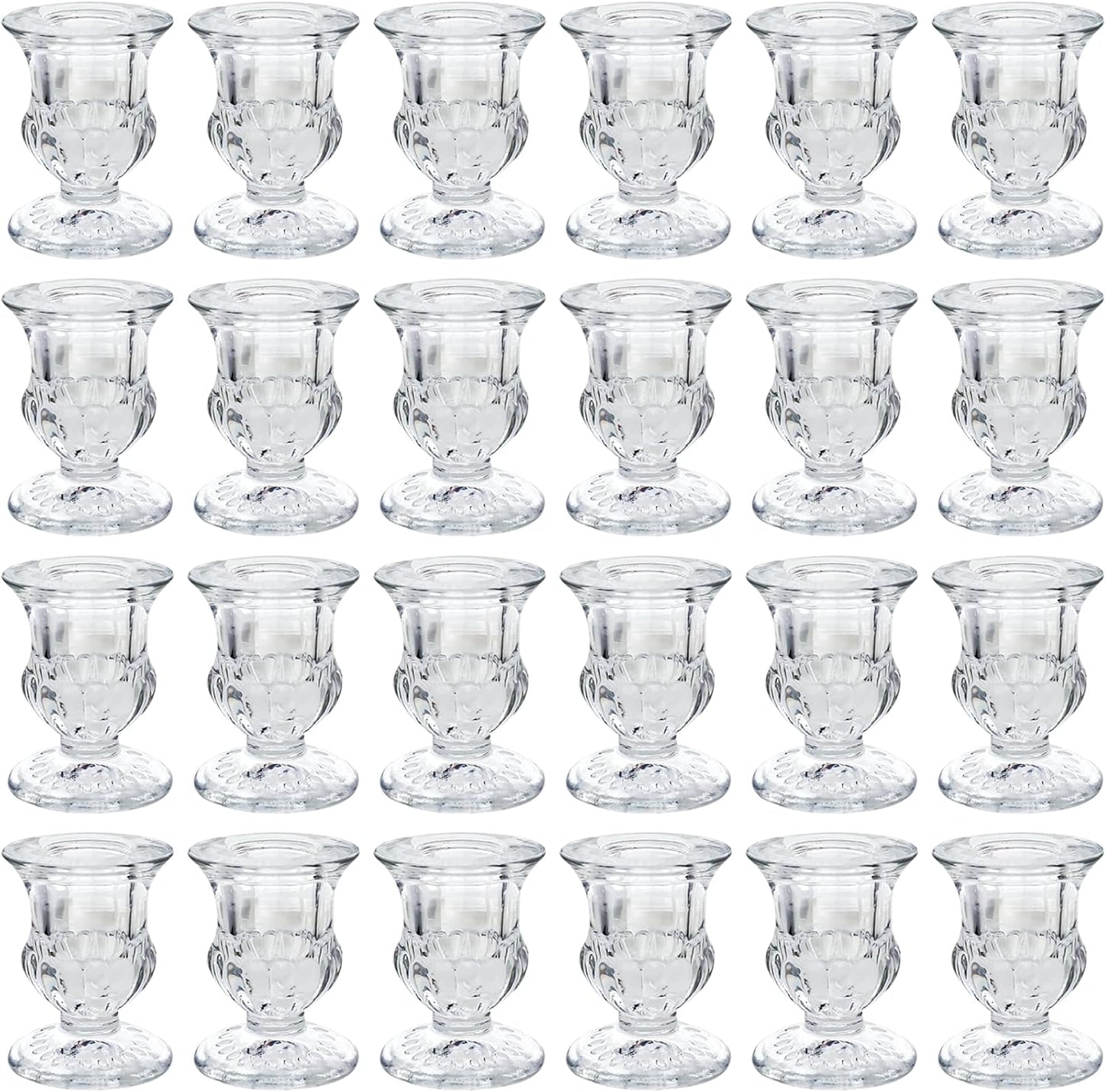 Glass Candle Holders Set of 24- Clear Candlestick Holders & Taper Candle Holders for Wedding Centerpiece Table Decorations, Valentines Day Decor, Party and Romantic Dinner