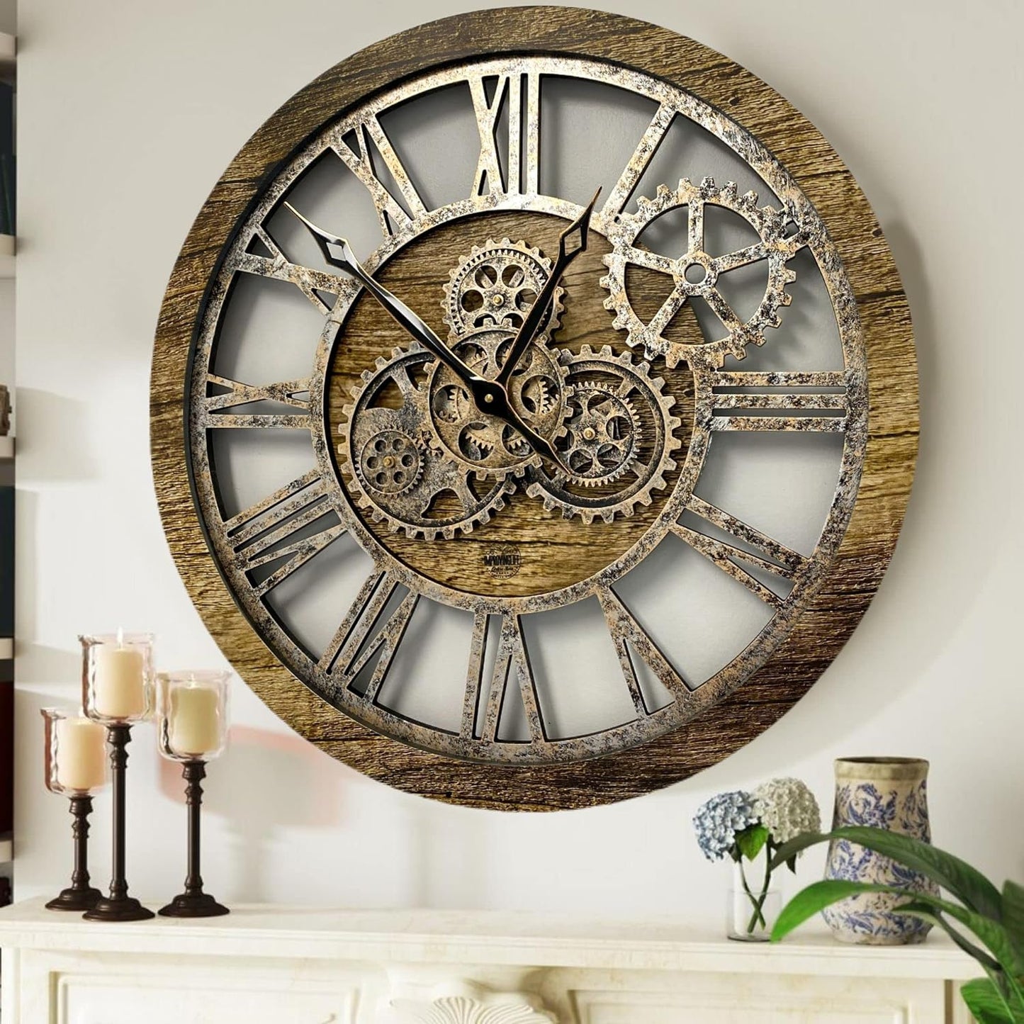 The Gears Clock The Original Real Moving Gear Wall Clock Vintage Industrial Oversized Rustic Farmhouse (24 inch (60cm),Gold Antique)