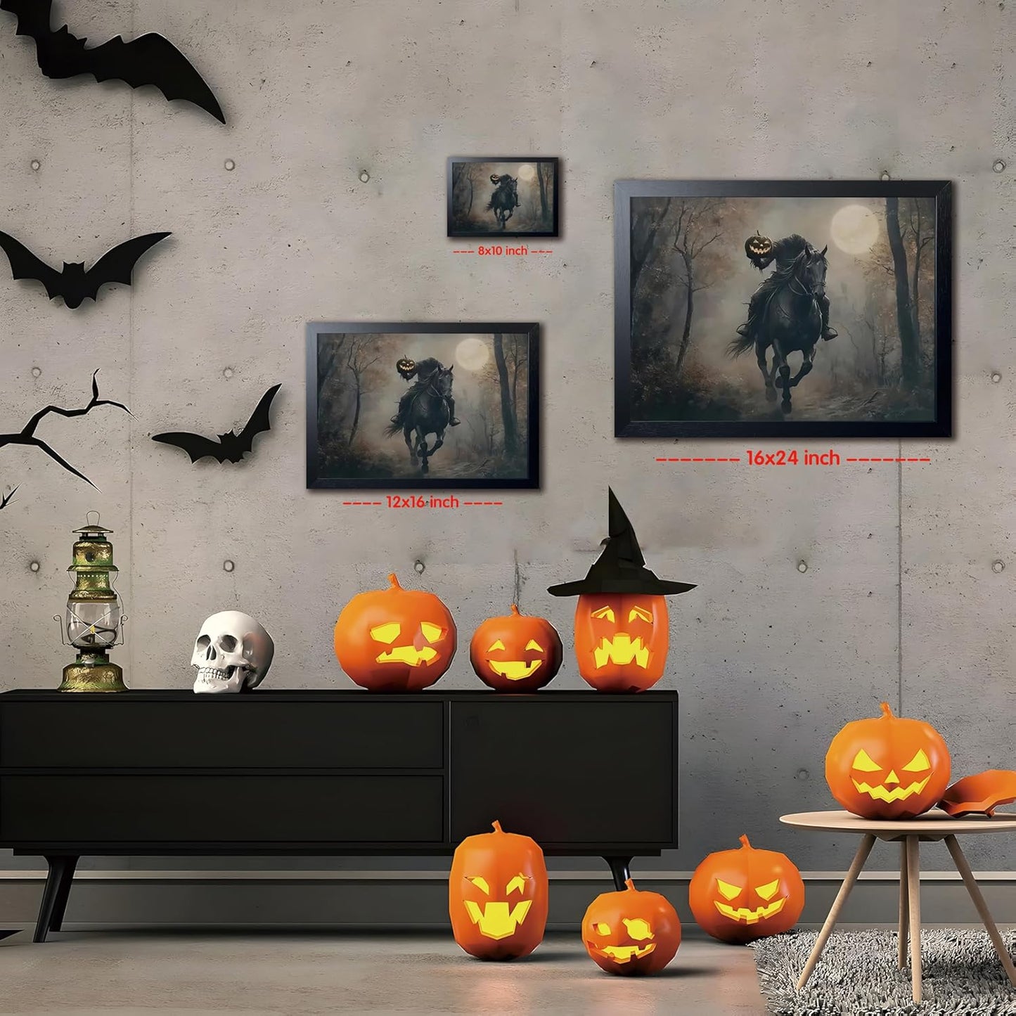 Black Wood Framed Halloween Canvas Wall Art Painting, Headless knight holding a pumpkin lantern Wall Decor, Vintage Dark Academia Gothic Poster Print, for Living Room Bedroom Office Decor 8x10 Inch