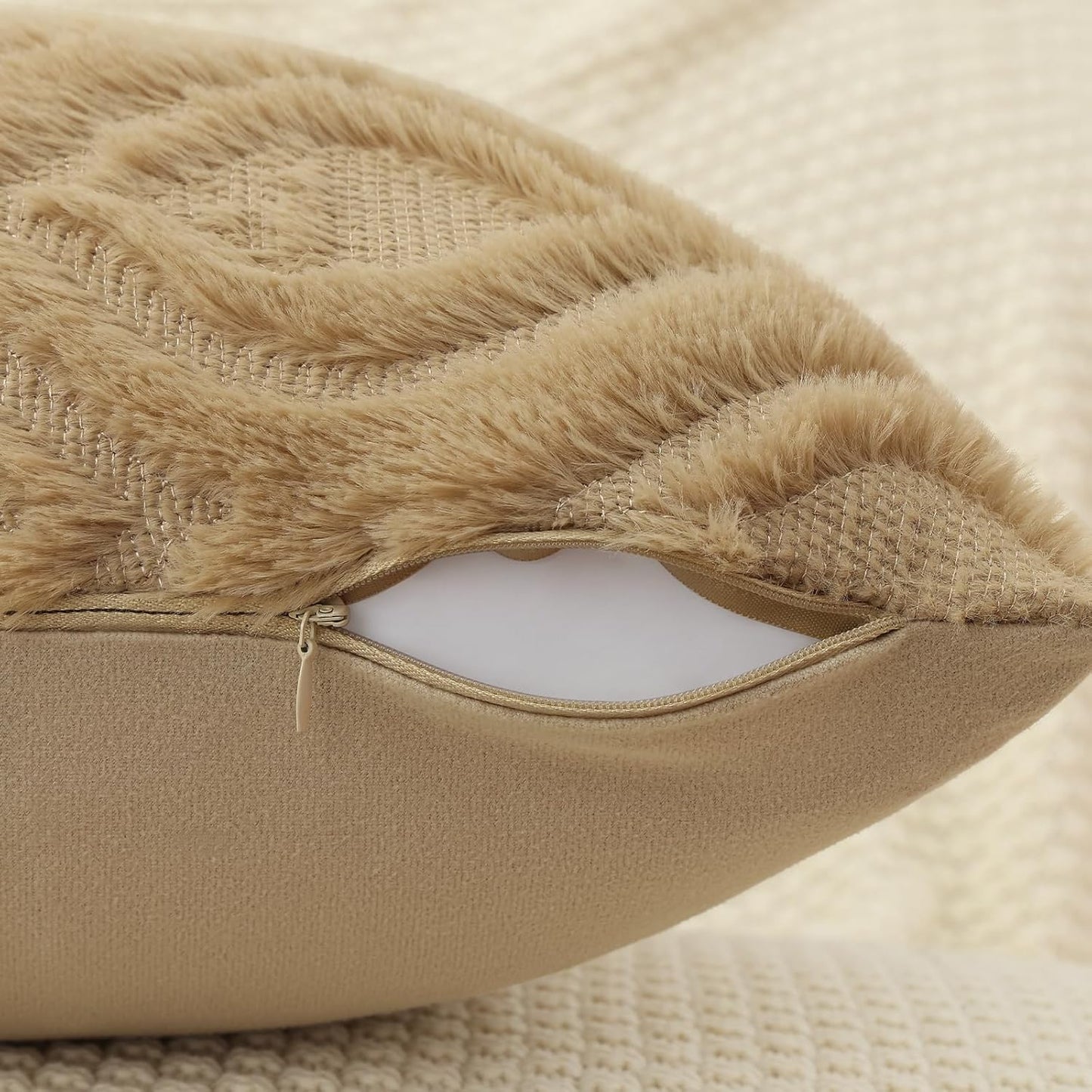 decorUhome Throw Pillow Covers 16x16 Inch Set of 2, Soft Plush Decorative Faux Fur Light Brown Solid Couch Pillow Covers, Accent Farmhouse Neutral Square Euro Pillow Cases for Sofa Bed Living Room