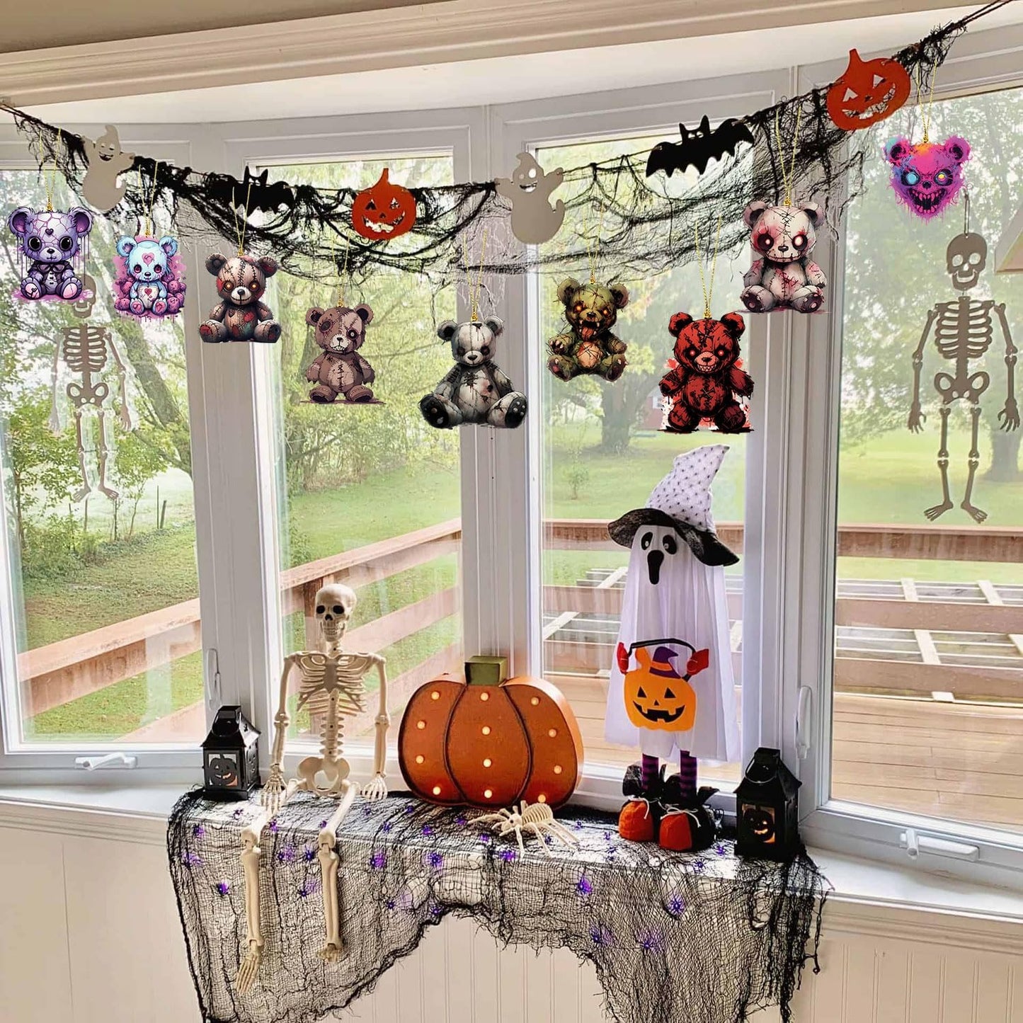 Halloween Tree Hanging Ornaments, 9 Pcs Cute Acrylic Pendant, Terror Bear Halloween Accessories, Funny Cartoon Christmas Tree Decoration for Mini Characters Decorations Indoor Outdoo