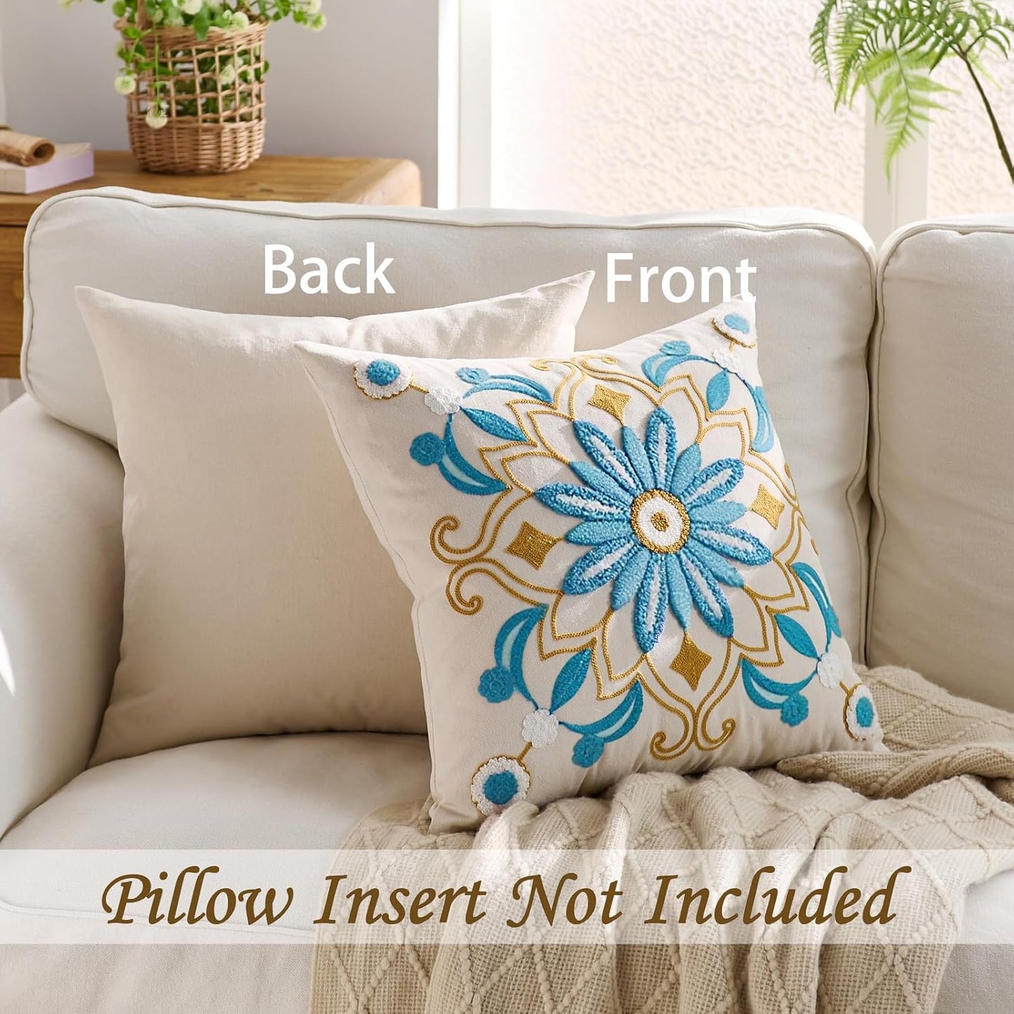 Embroidered Throw Pillow Cover 18x18 Classic Boho Floral Pattern Pillows Cover Outdoor Decorative Pillowcase,Durable Cozy Textured Cushion Case for Sofa Couch Bed Living Room,Teal