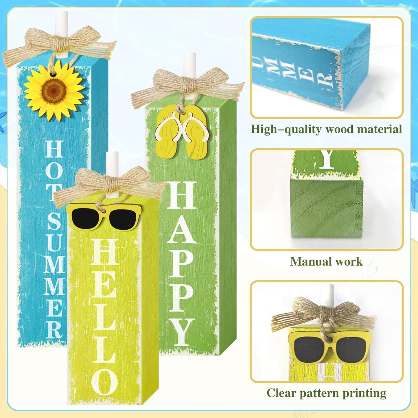 3 PCs Wooden Tiered Tray Decor Hello Happy Hot Summer Rustic Table Decor Block Signs for Beach Island Home Office Decorations (Summer-1)