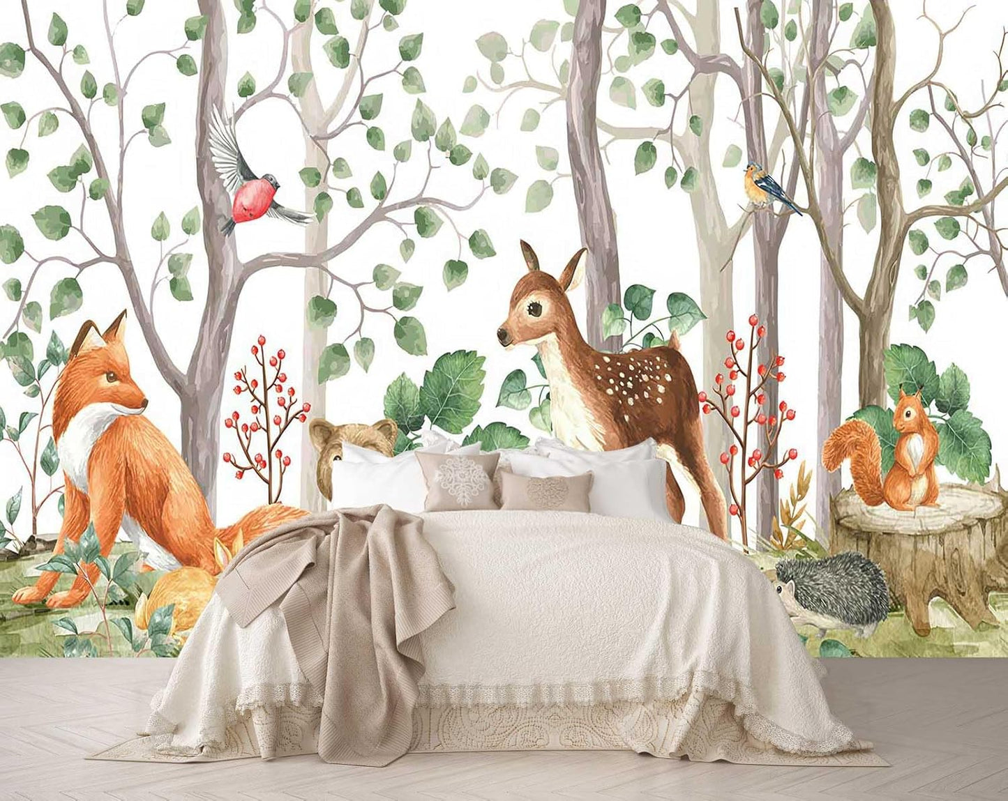 Cute Forest Animals Green Plants Trees Grasslands Composition Watercolor Mural for Interior Wall Decoration（Not Peel and Stick）