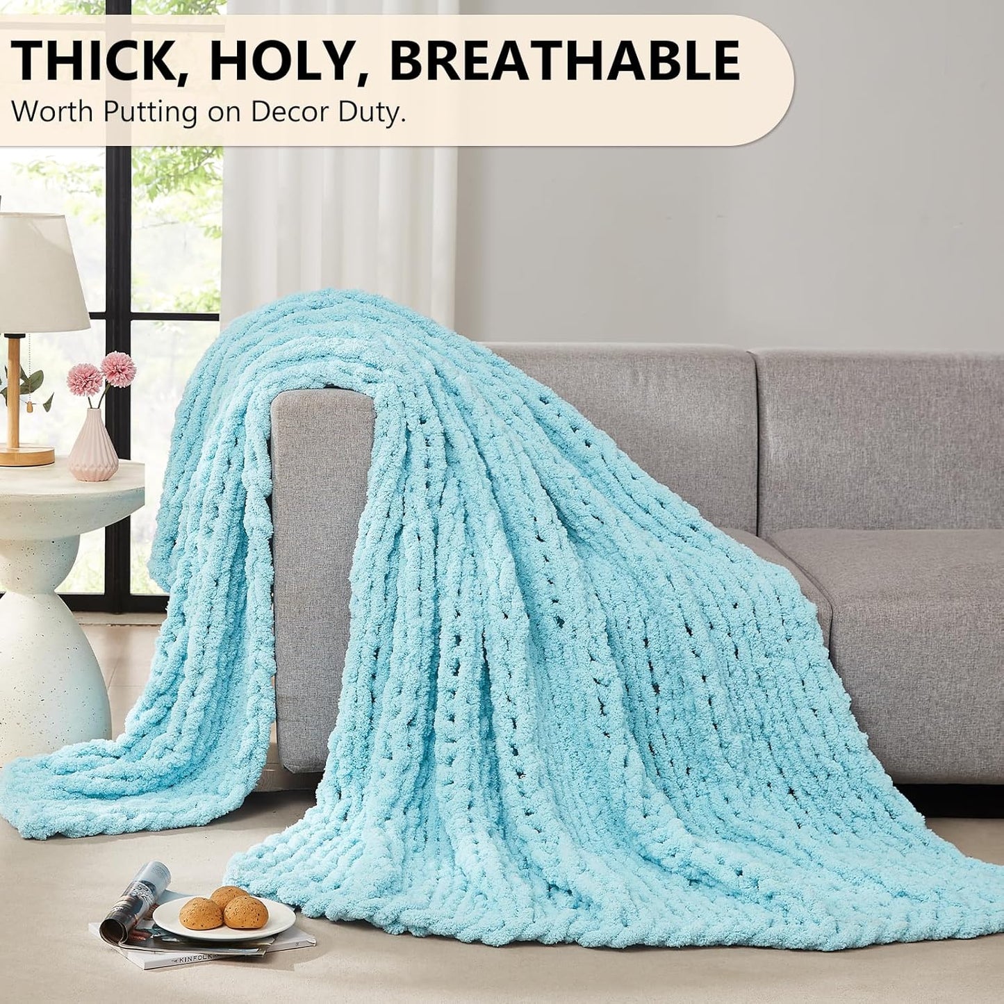 L'AGRATY Chunky Knit Throw: 80''x90'' Chenille Blanket for Bed Couch - Handmade Thick Big Cable Knit - Large Crochet Throw for Home Decor (Light Blue)