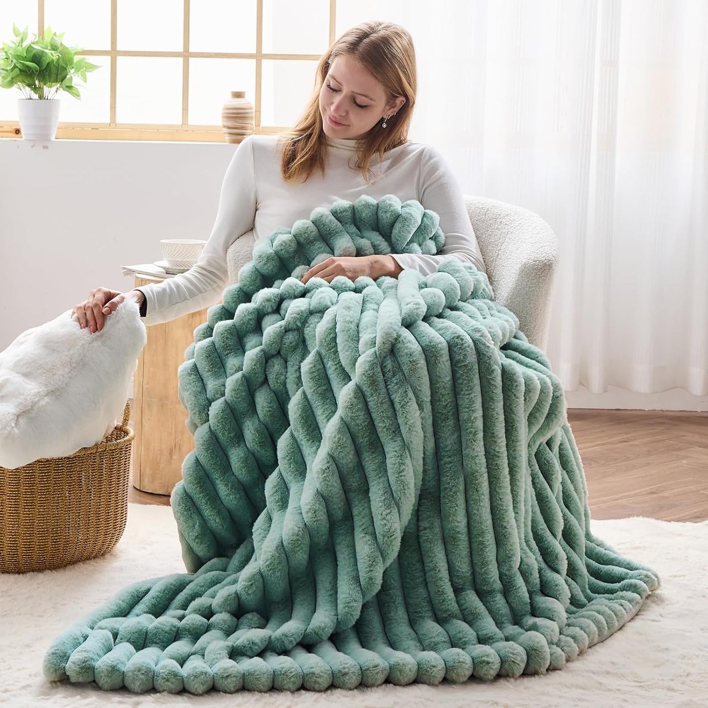 NEWCOSPLAY Faux Fur Throw Blanket New Sage Green 3D Ribbed Plush Thick Warm Blanket for Couch Sofa Bed 850GSM (New Sage Green Ribbed, Throw(50"x60"))
