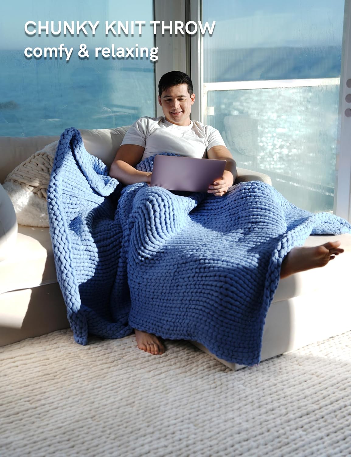 YnM Chunky Throw Blanket, Medium-Weight, Hand Knitted, Skin Friendly, Ventilated and Breathable, Machine Washable, Home Décor Piece for Couch, Sofa and Bed (Cerulean Blue, 60x80 Inch)