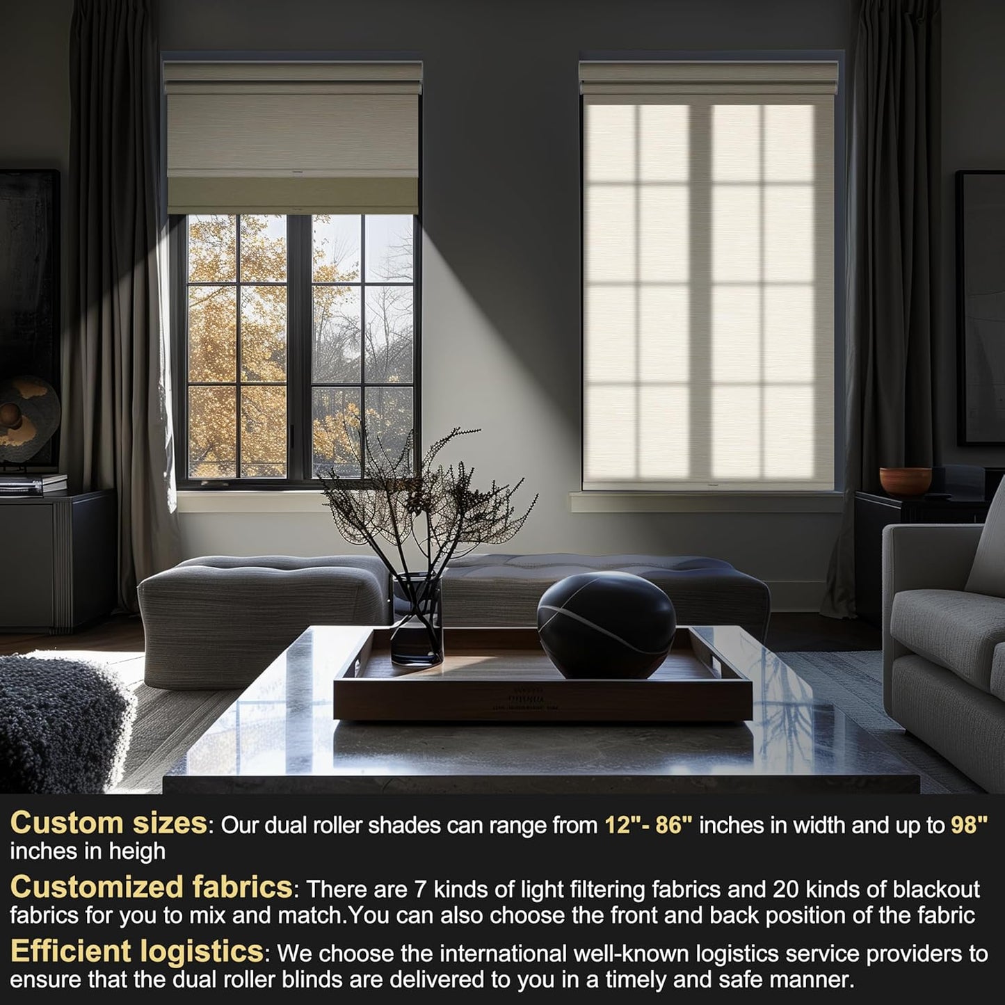 BERISSA Dual Roller Shades with Cassette Valance, Blackout and Light Filtering, Day and Night Shades for Home Office Door. Striped Jacquard Beige. 27 W x 64" H