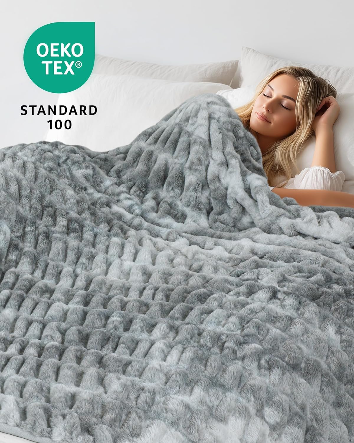 Faux Fur Blanket, Twin Size Oversized Throw Blanket for Couch, Fluffy Blanket with Stretch Ruched Design, Ultra Soft Giftable Home Decor, 60x80 inches, Tie-Dyed in Gray