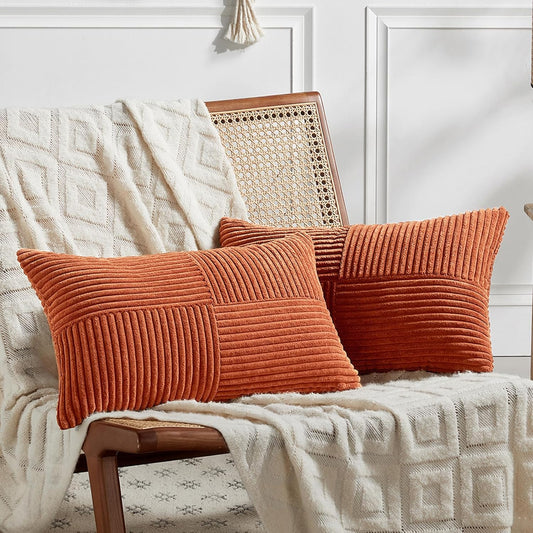 Fancy Homi Set of 2 Burnt Orange Long Lumbar Decorative Throw Pillow Covers 12x24 Inch for Living Room Couch Bed, Boho Farmhouse Fall Home Decor, Soft Corduroy Corss Textured Cushion Case 30x60 cm